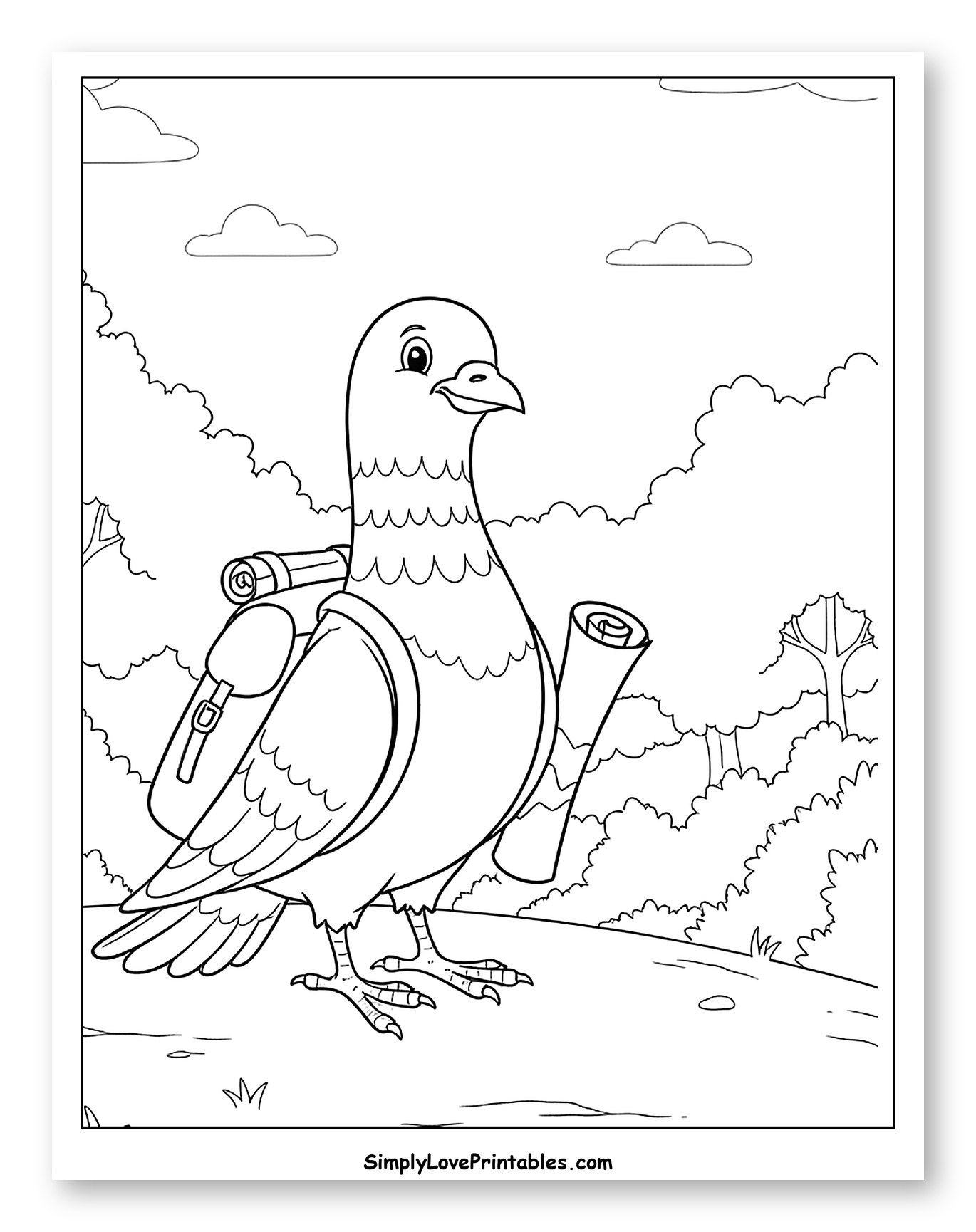 Adventurous Pigeon with Scroll in Forest Coloring Sheet for Kids