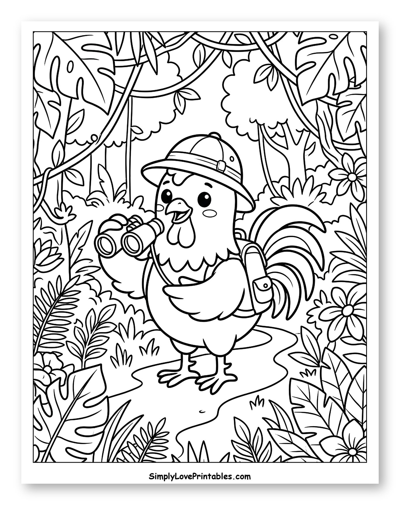 Adventurous Rooster with Binoculars in Jungle Coloring Page for Kids