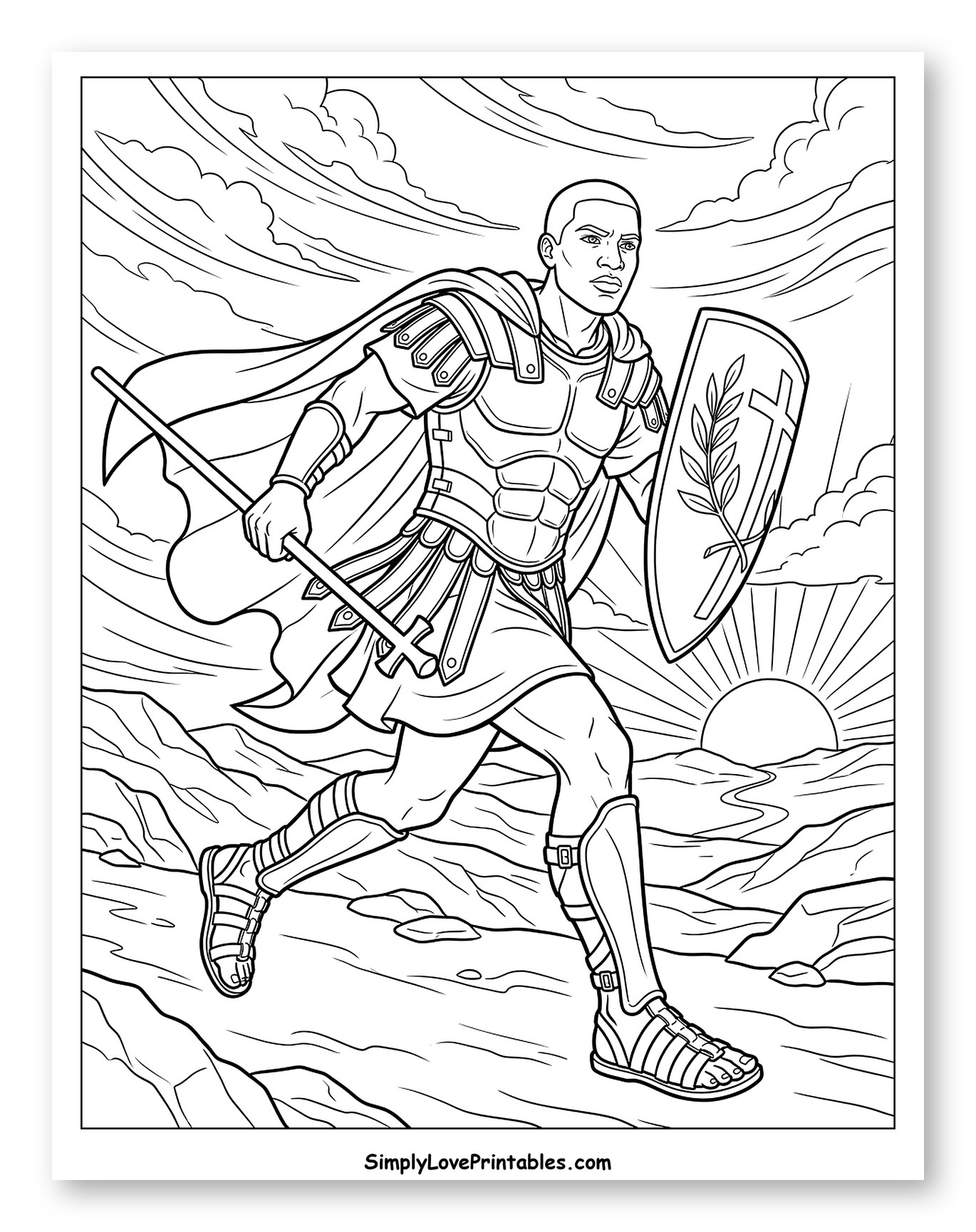 African American Warrior in Armor Running Coloring Sheet