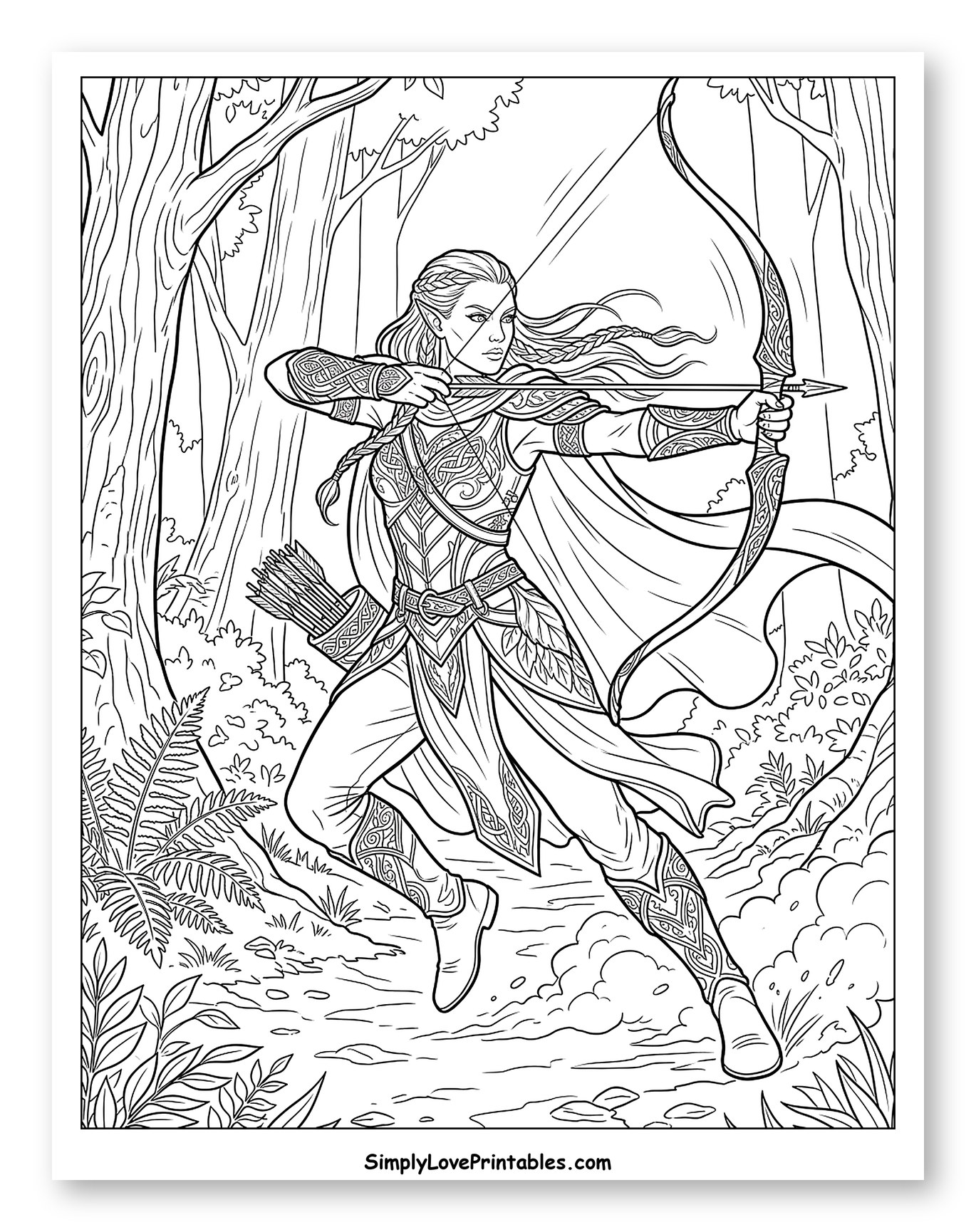 Agile Elf Archer in Enchanted Forest Coloring Sheet