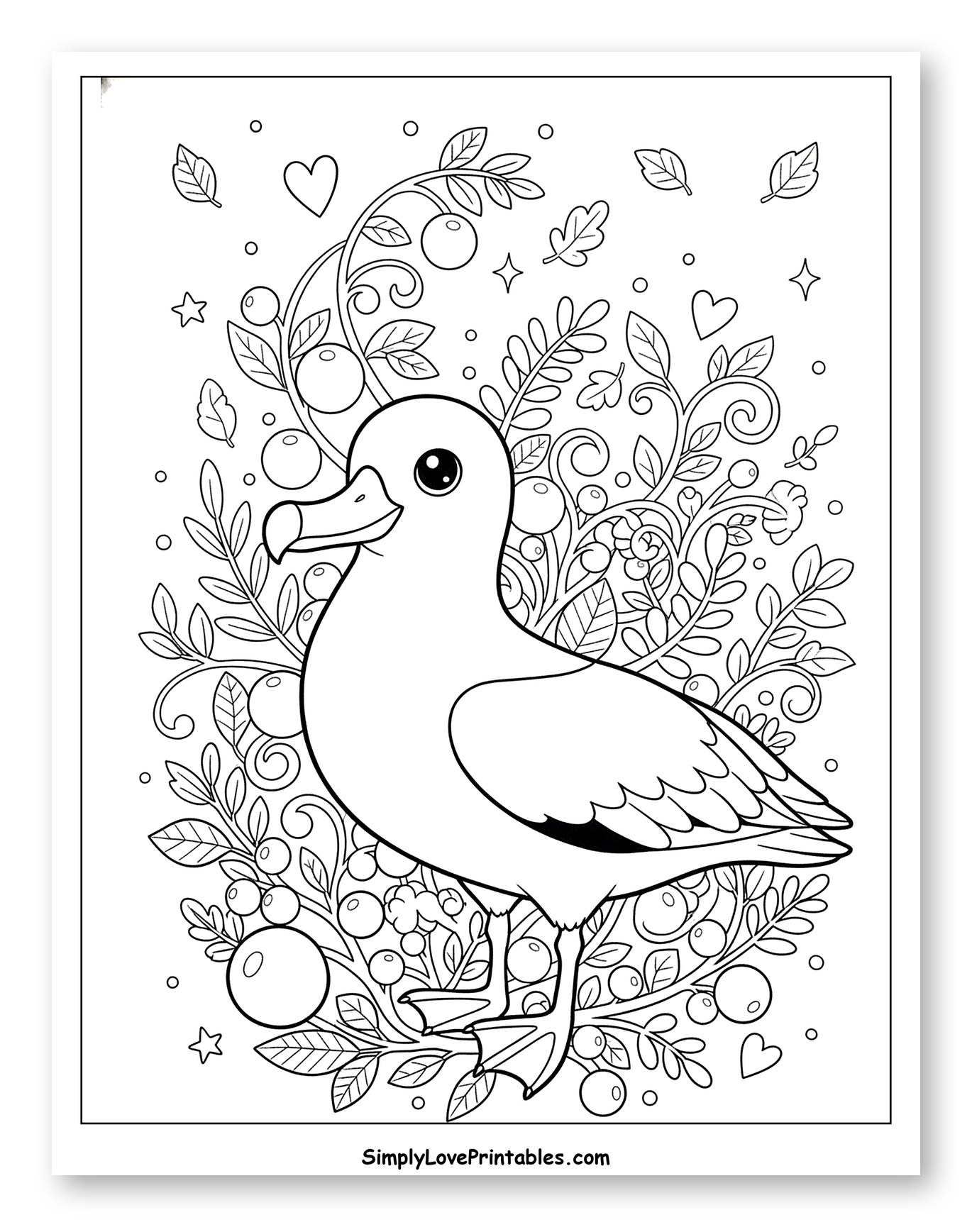 Albatross Amidst Berries and Starry Foliage Coloring Page for Adults