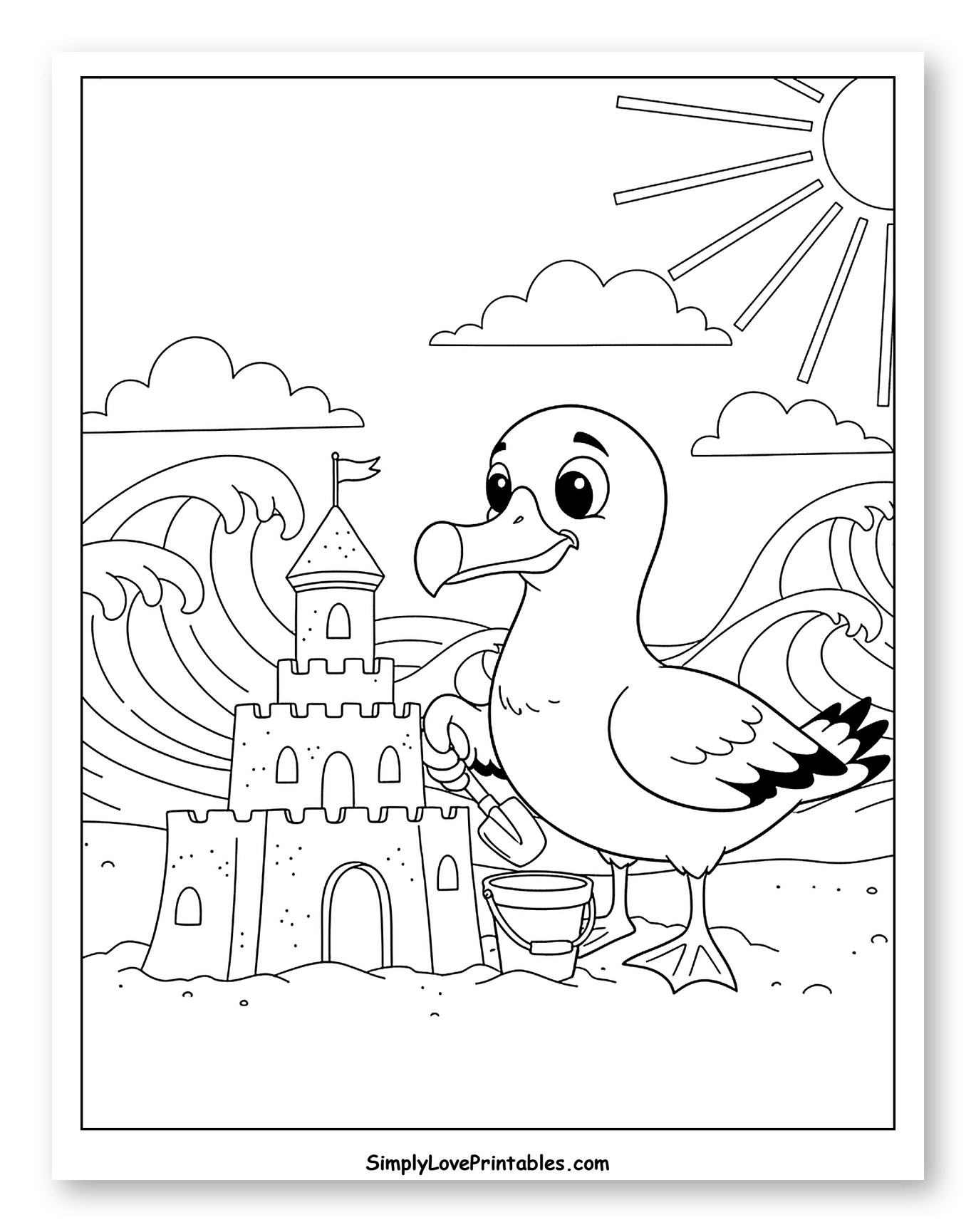 Albatross Building Sandcastle at the Beach Coloring Page for Kids