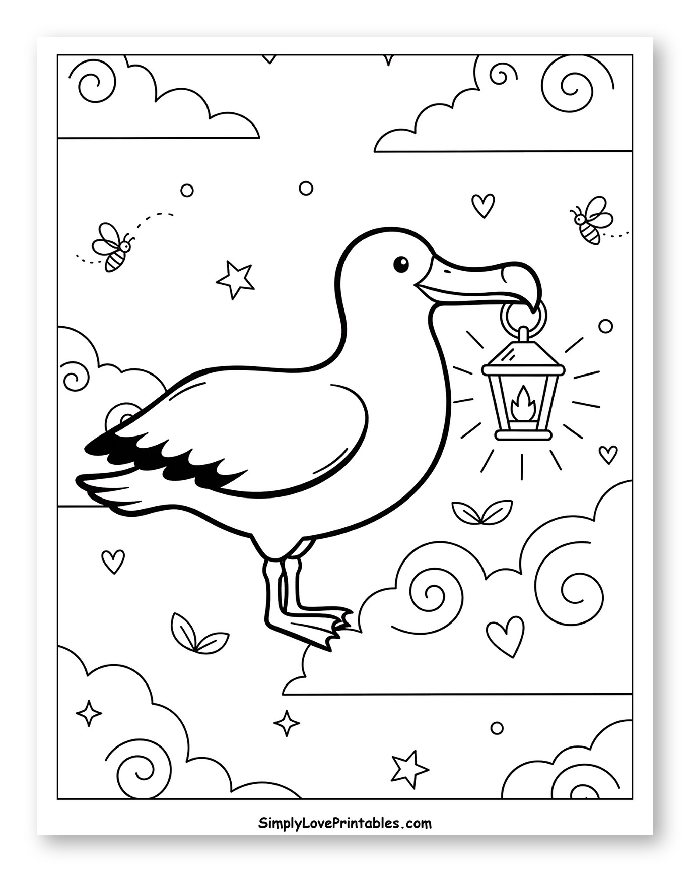 Albatross Carrying Lantern on Fluffy Clouds Coloring Page for Adults