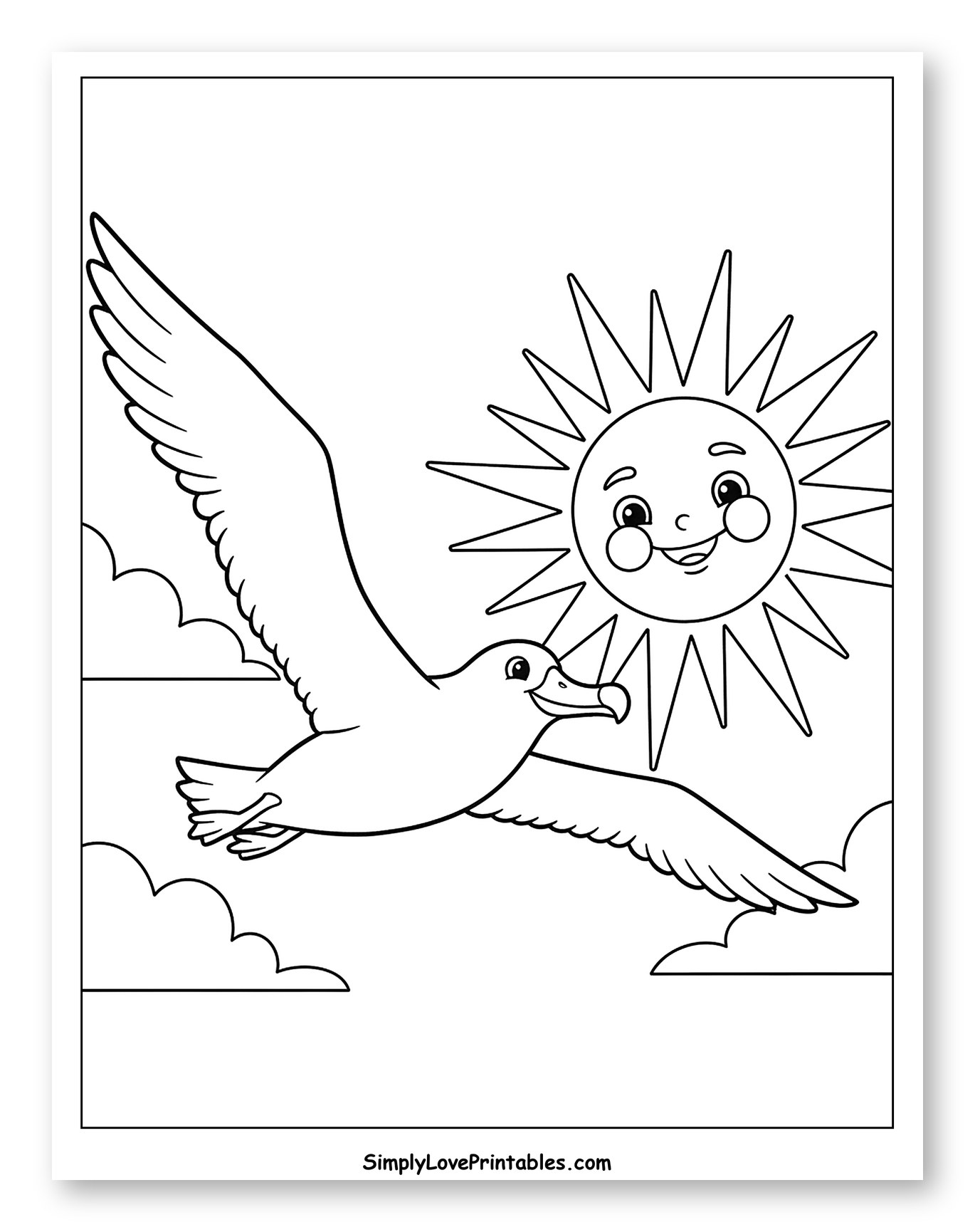 Albatross Flying with Happy Sun and Clouds Coloring Sheet for Toddlers