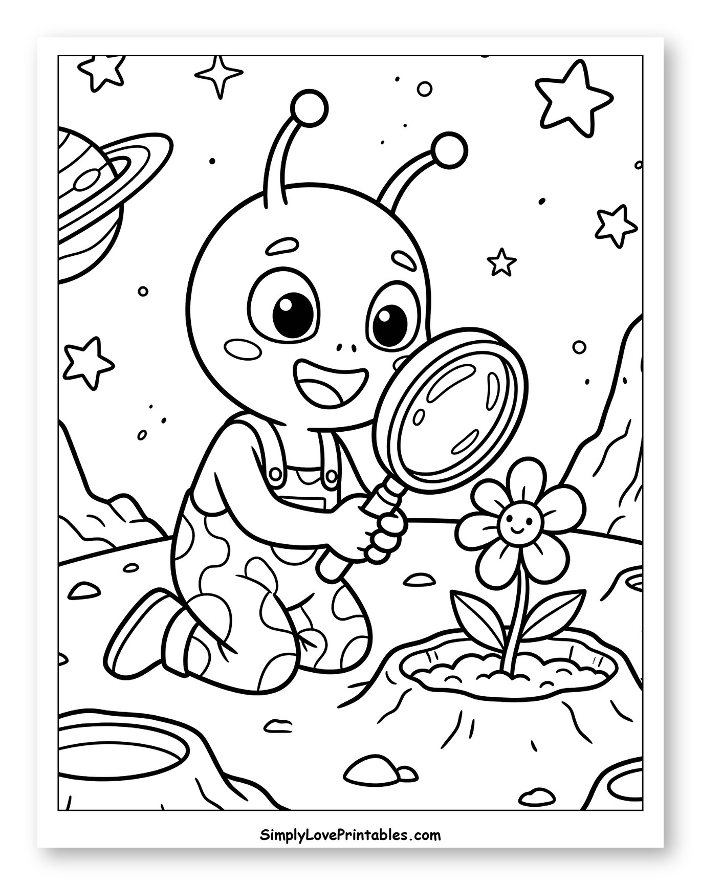 Alien with Magnifying Glass Examining Flower on Moon