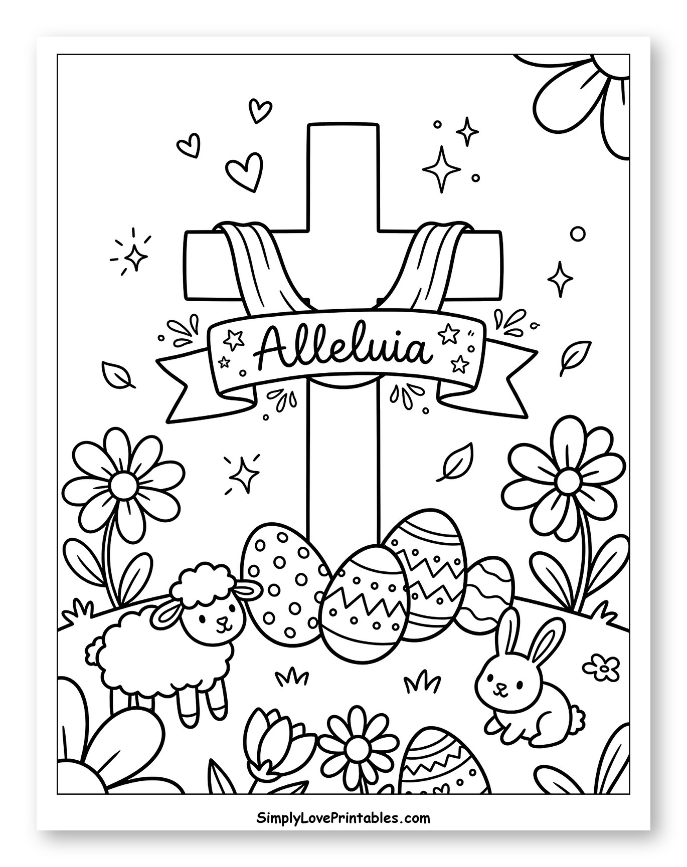 Alleluia Cross with Lamb, Bunny, and Easter Eggs to Color for Adults