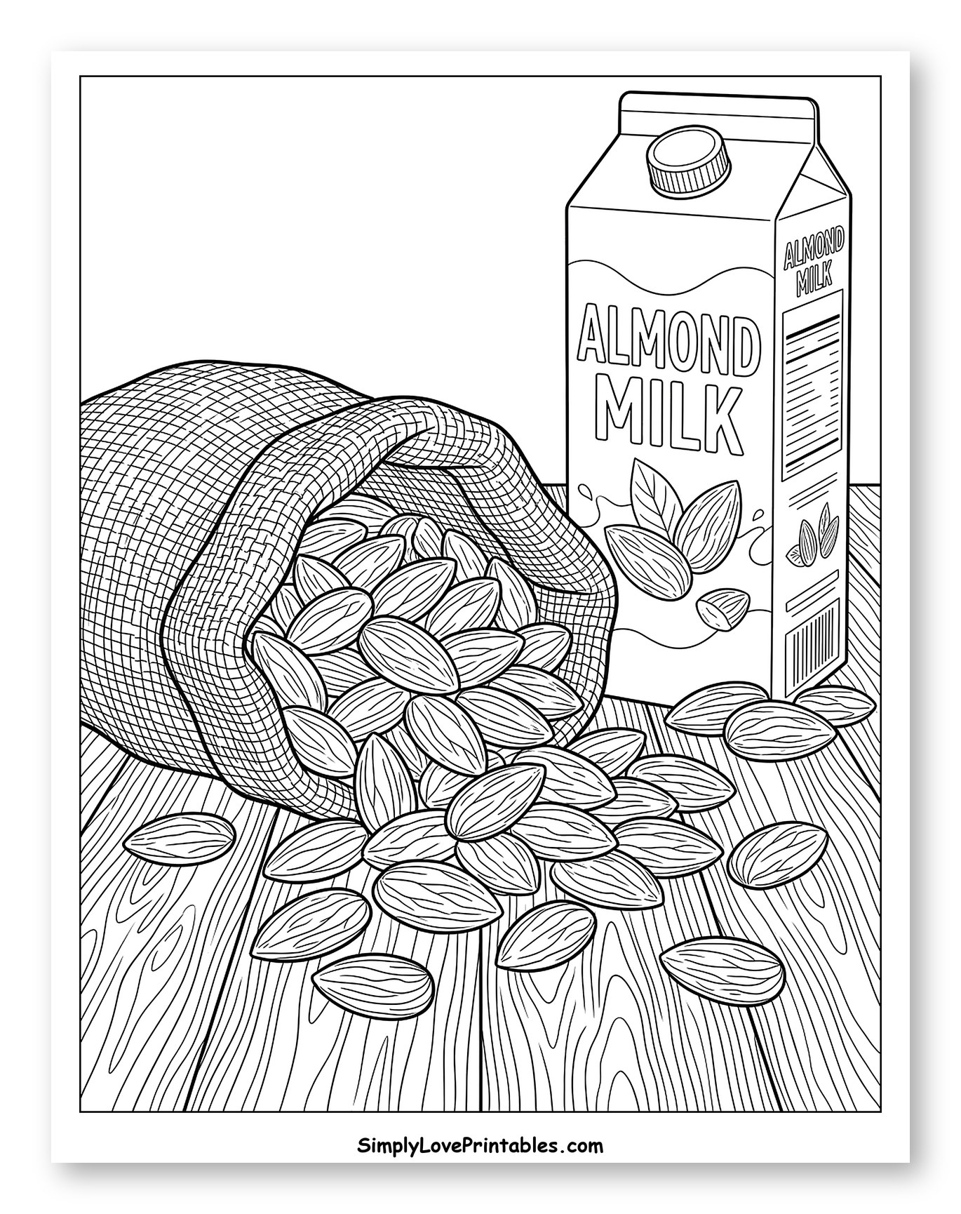 Almond Milk Carton and Spilled Almonds Coloring Page