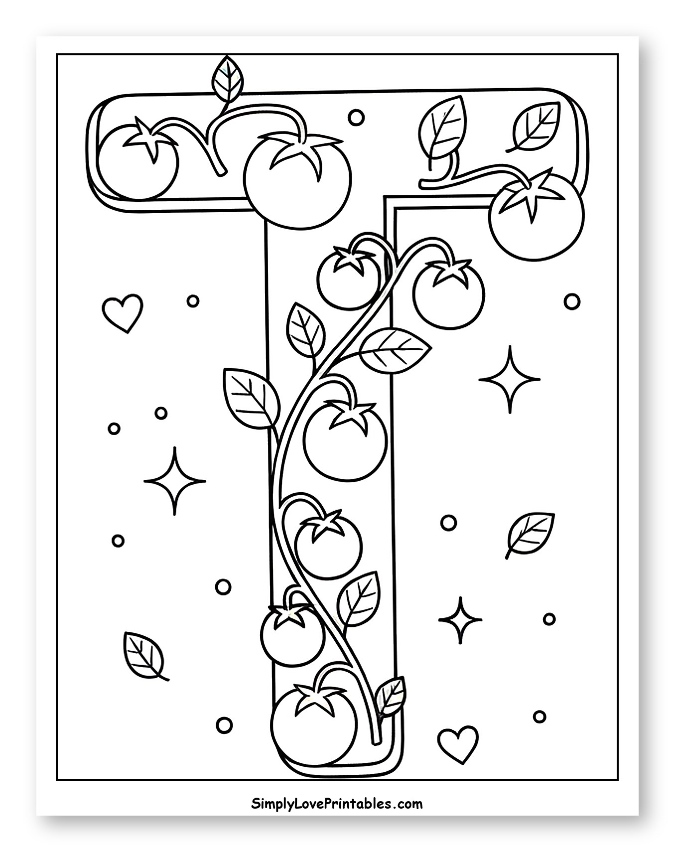 Alphabet Letter T Decorated with Tomatoes to Color for Adults