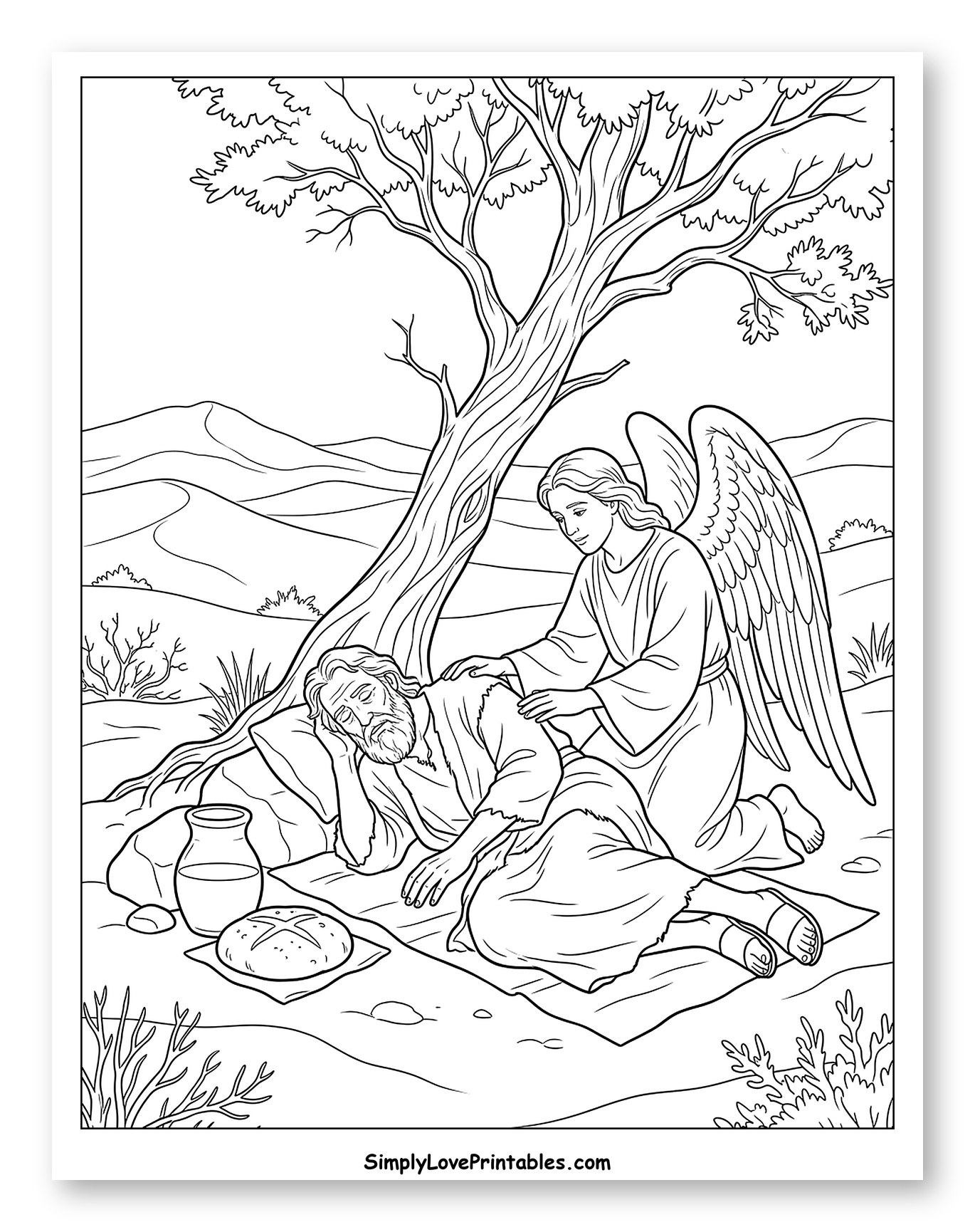An Angel Comforting Elijah Under a Tree to Color