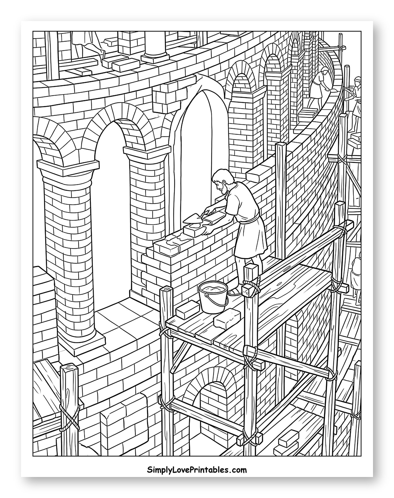 Ancient Builders Constructing a Round Tower to Color