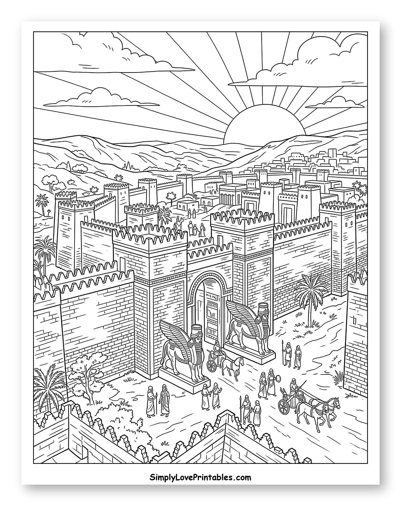 Ancient City Gate with Winged Lion Statues Coloring Sheet