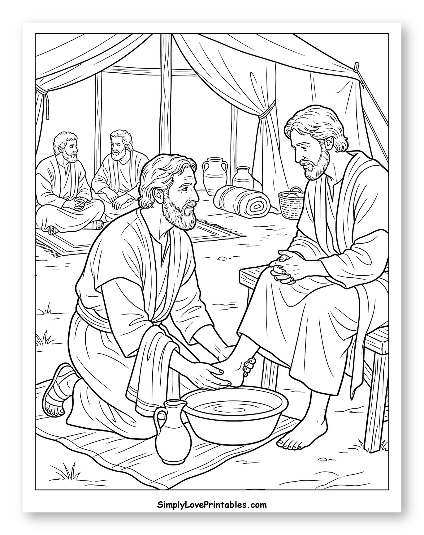 Ancient Men Practice Hospitality, Washing Feet Coloring Sheet