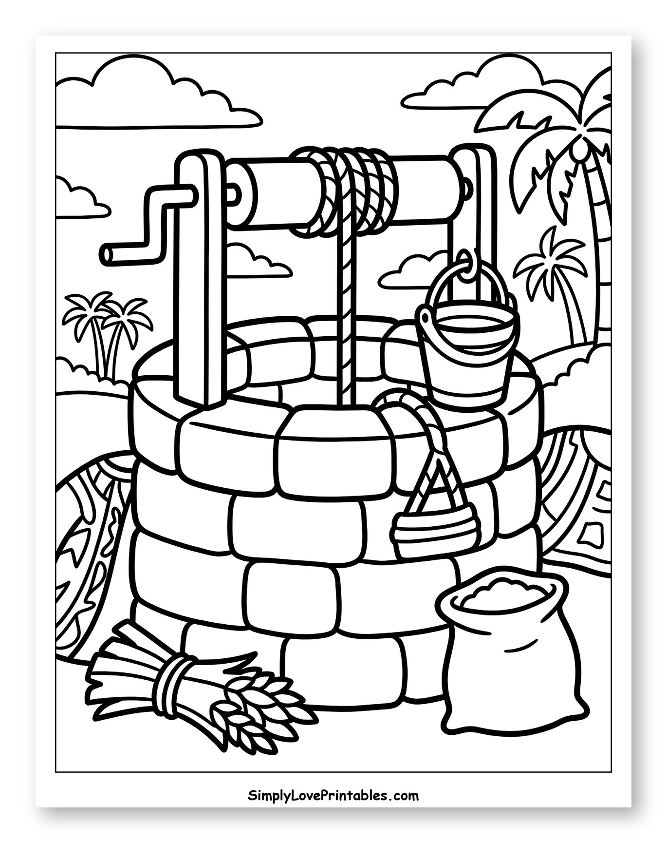 Ancient Water Well with Bucket and Wheat