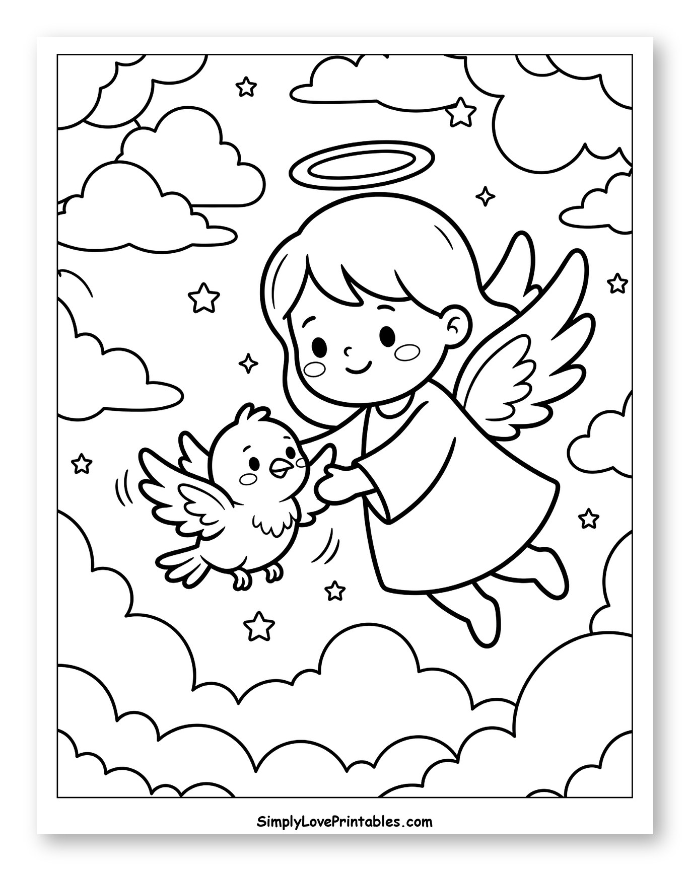 Angel and Bird Among Clouds and Stars