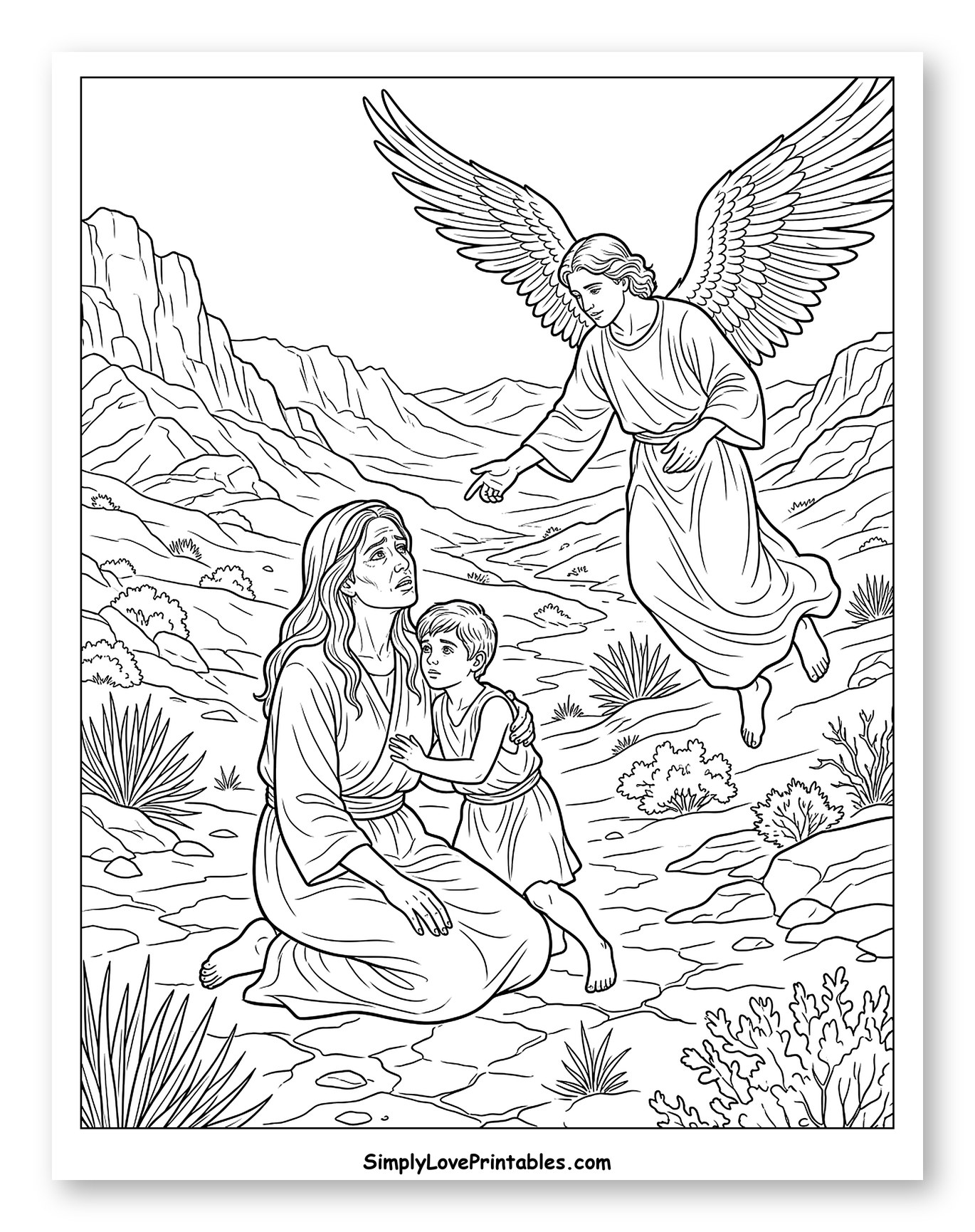 Angel Comforting Hagar and Ishmael in Desert Coloring Sheet