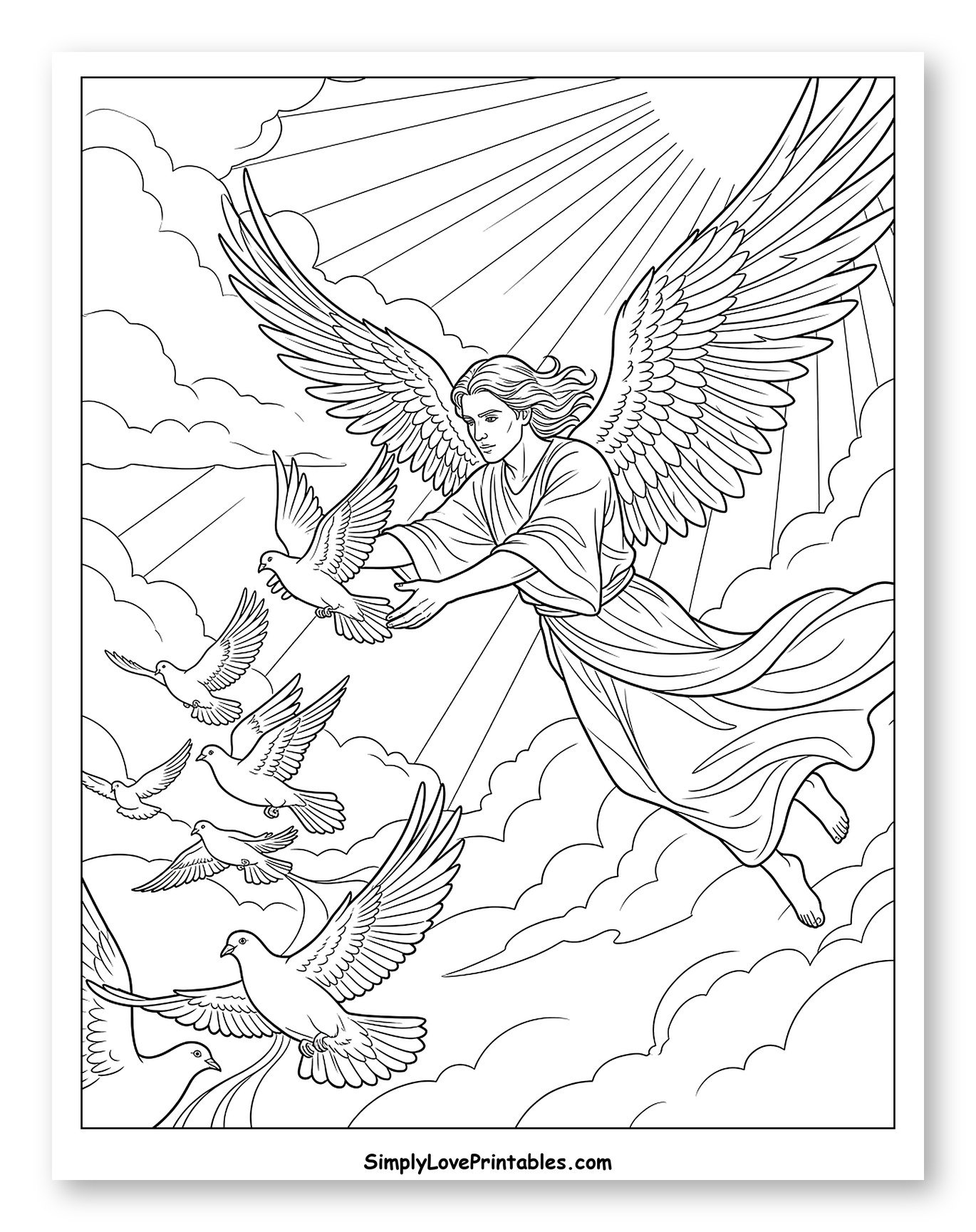 Angel Flying with Doves Through Clouds to Color