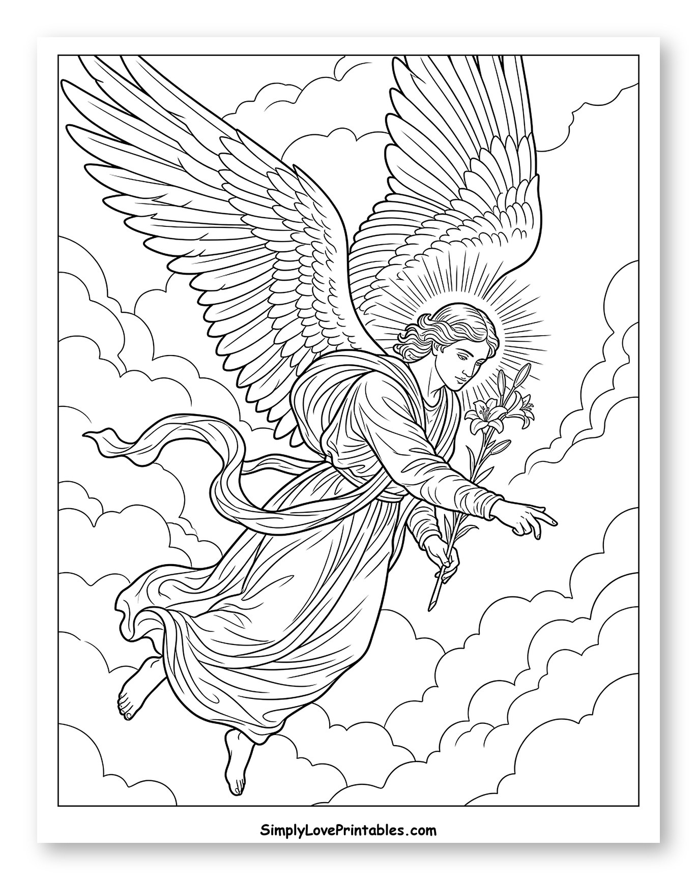 Angel Flying with Lilies Among Clouds