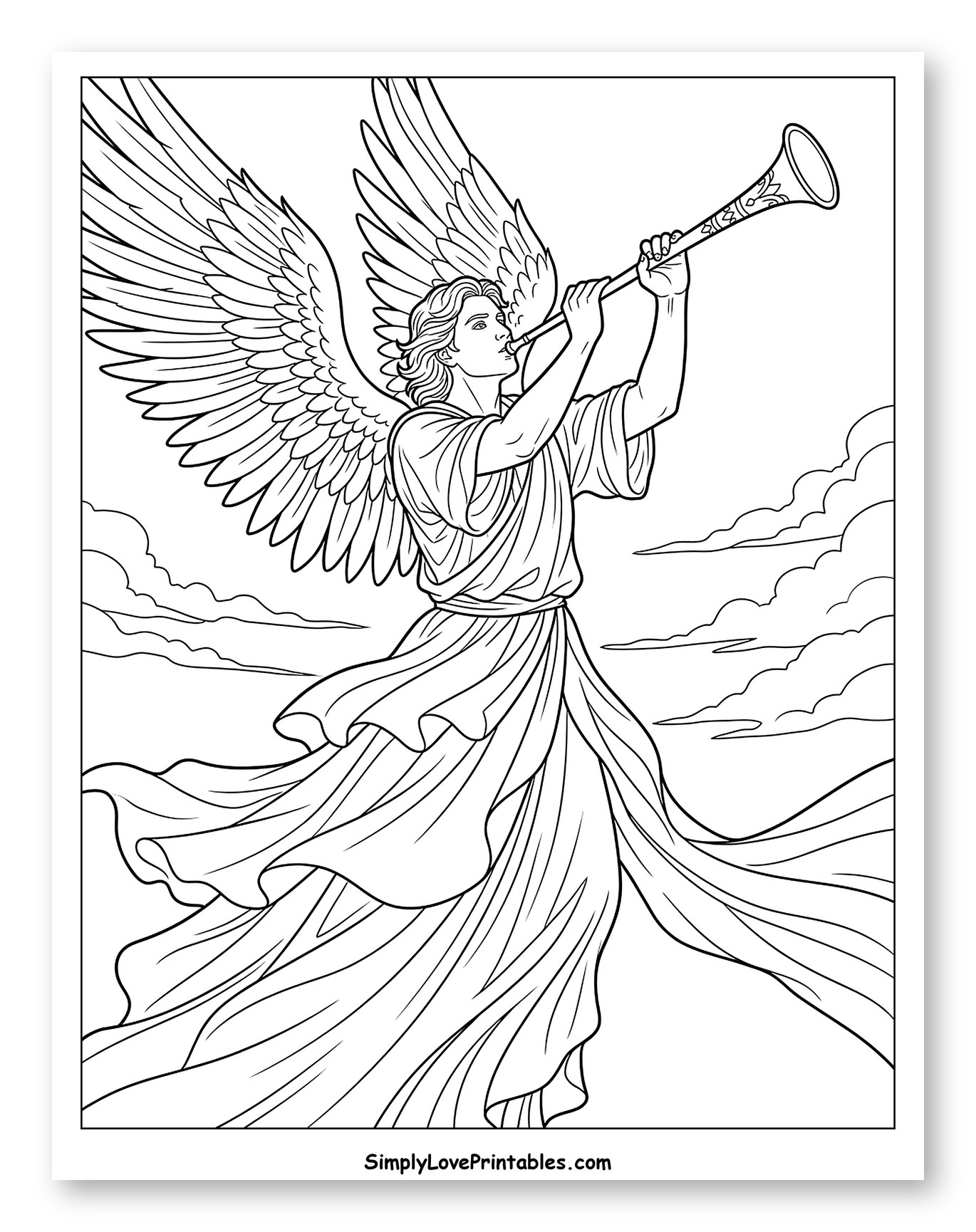 Angel Gabriel Blowing a Trumpet with Flowing Robes to Color