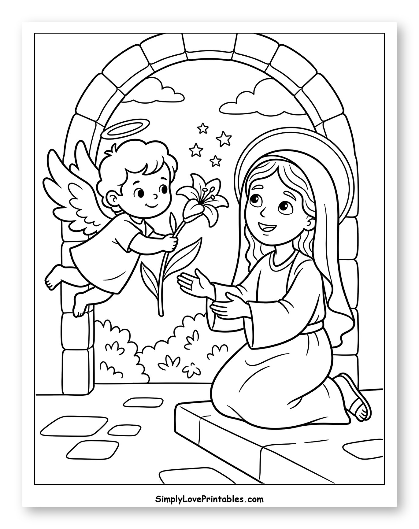 Angel Gabriel Presents Lily to Virgin Mary to Color for Kids