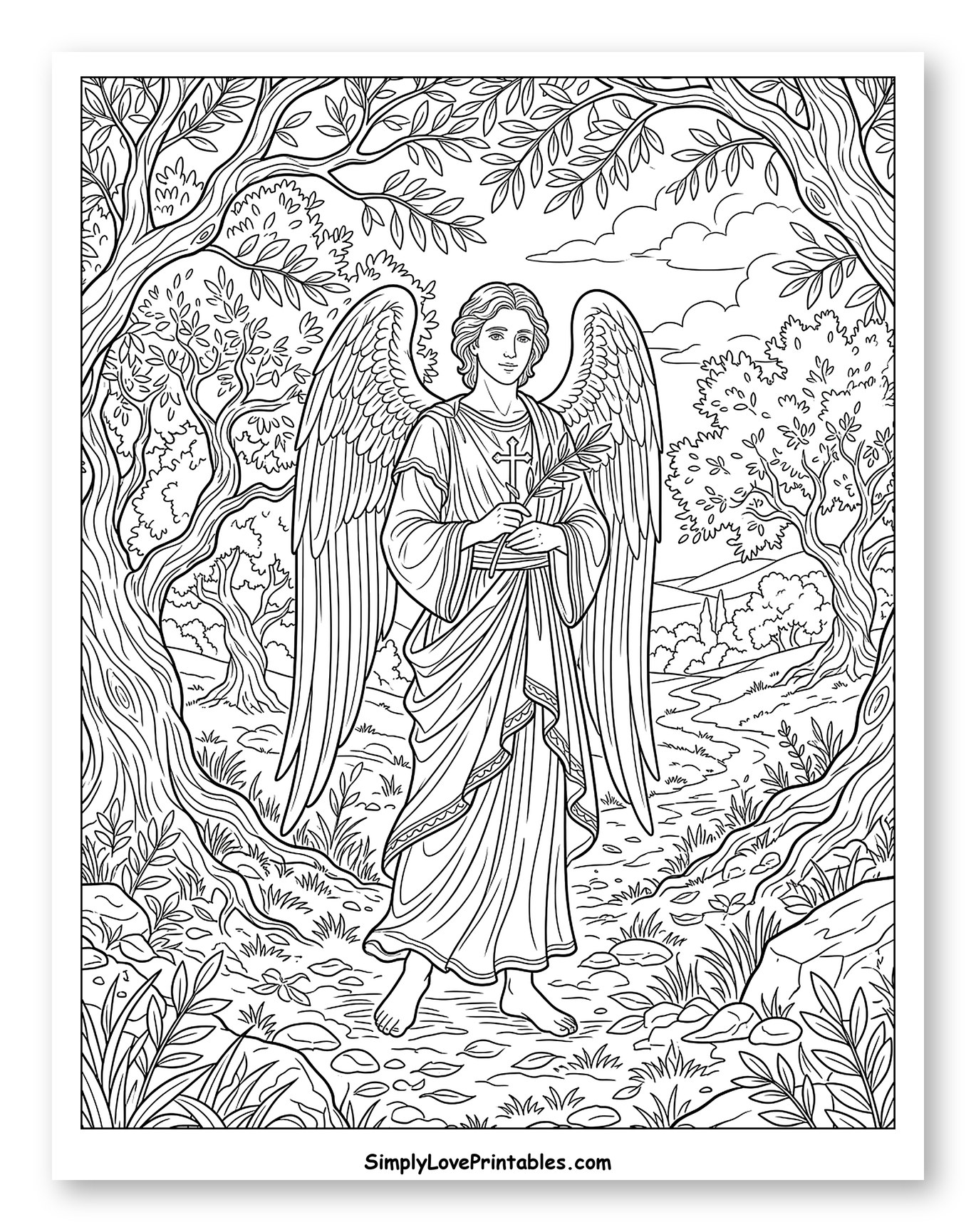 Angel Gabriel Walking in a Forest Path Coloring Sheet