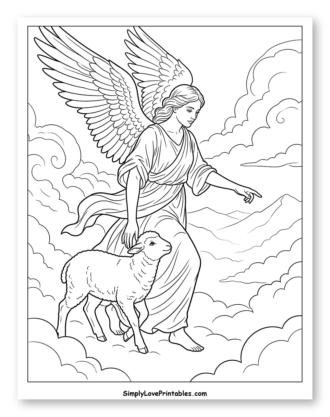 Angel Guiding a Lamb Through Clouds Coloring Sheet