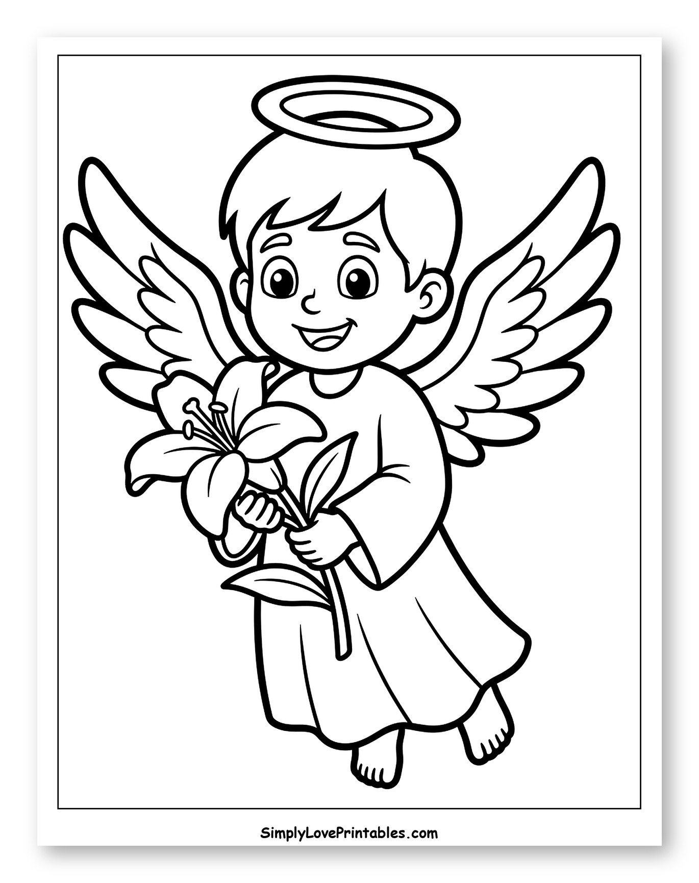 Angel Holding a Lily Flower Coloring Page for Toddlers