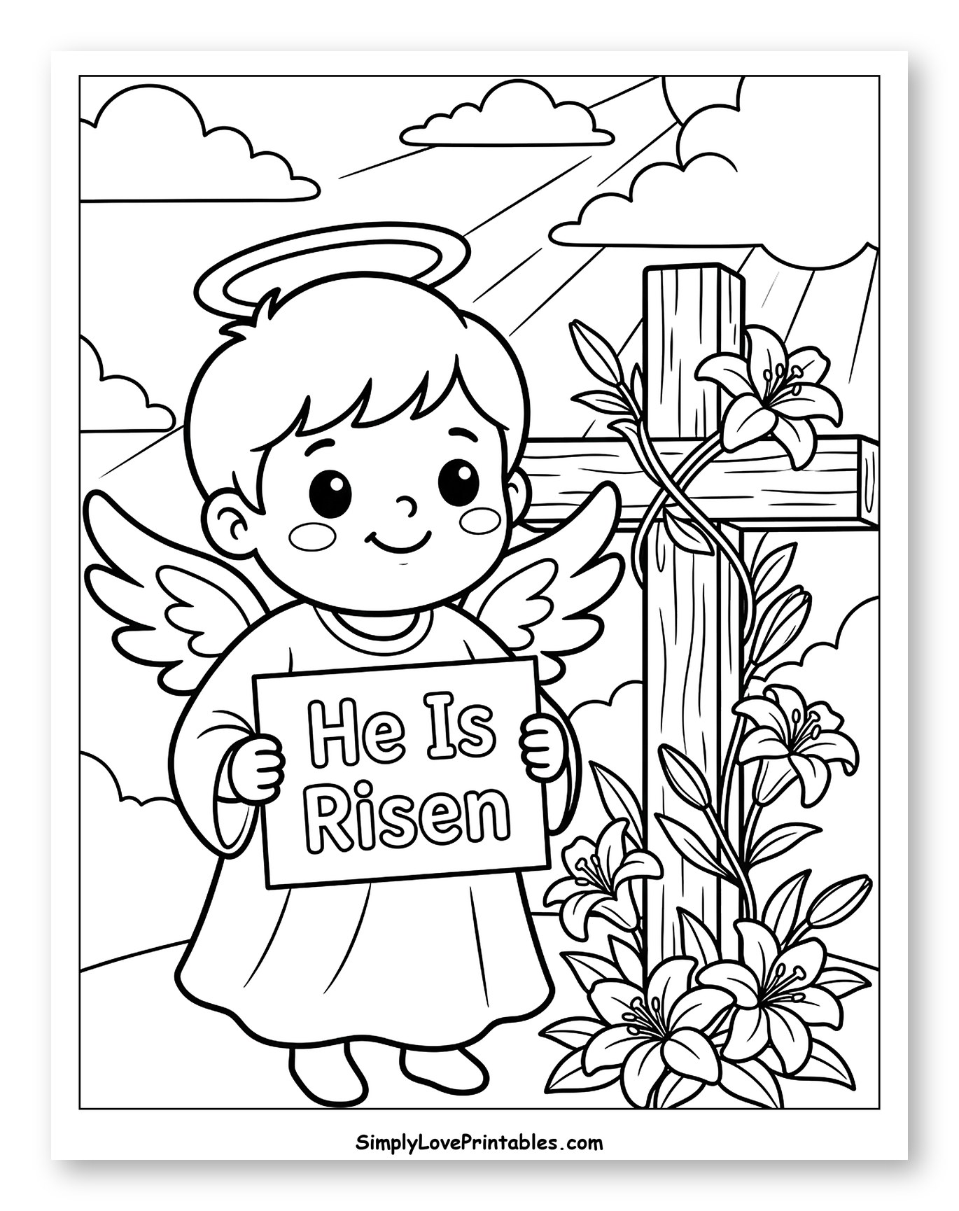Angel Holding He Is Risen Sign by Cross