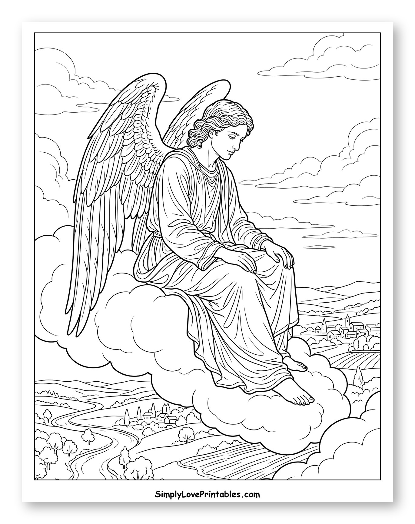Angel Looking Down on a Landscape Coloring Page