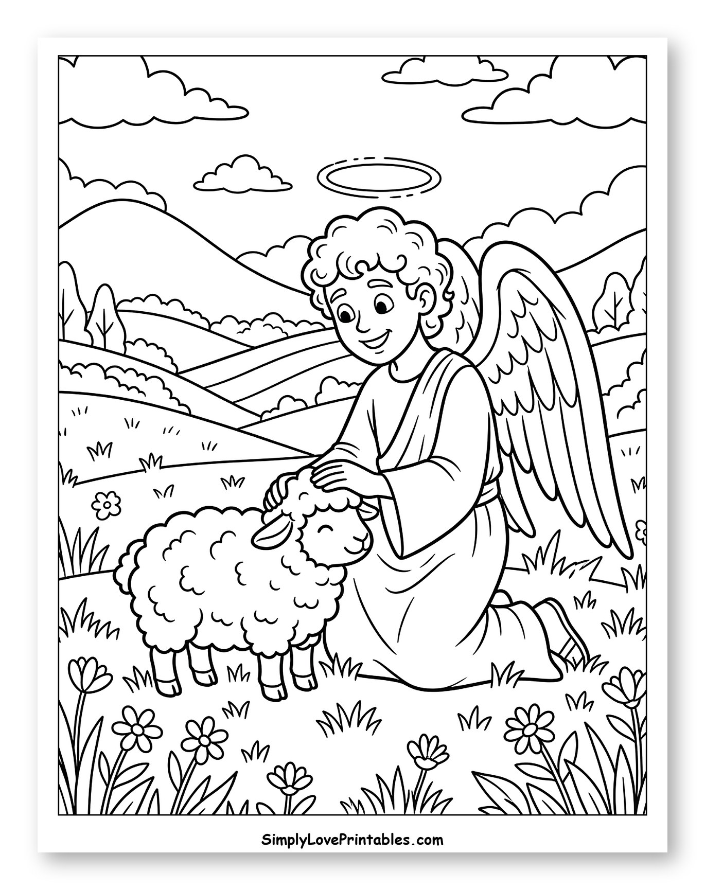 Angel Petting a Lamb in a Grassy Field Coloring Page for Kids