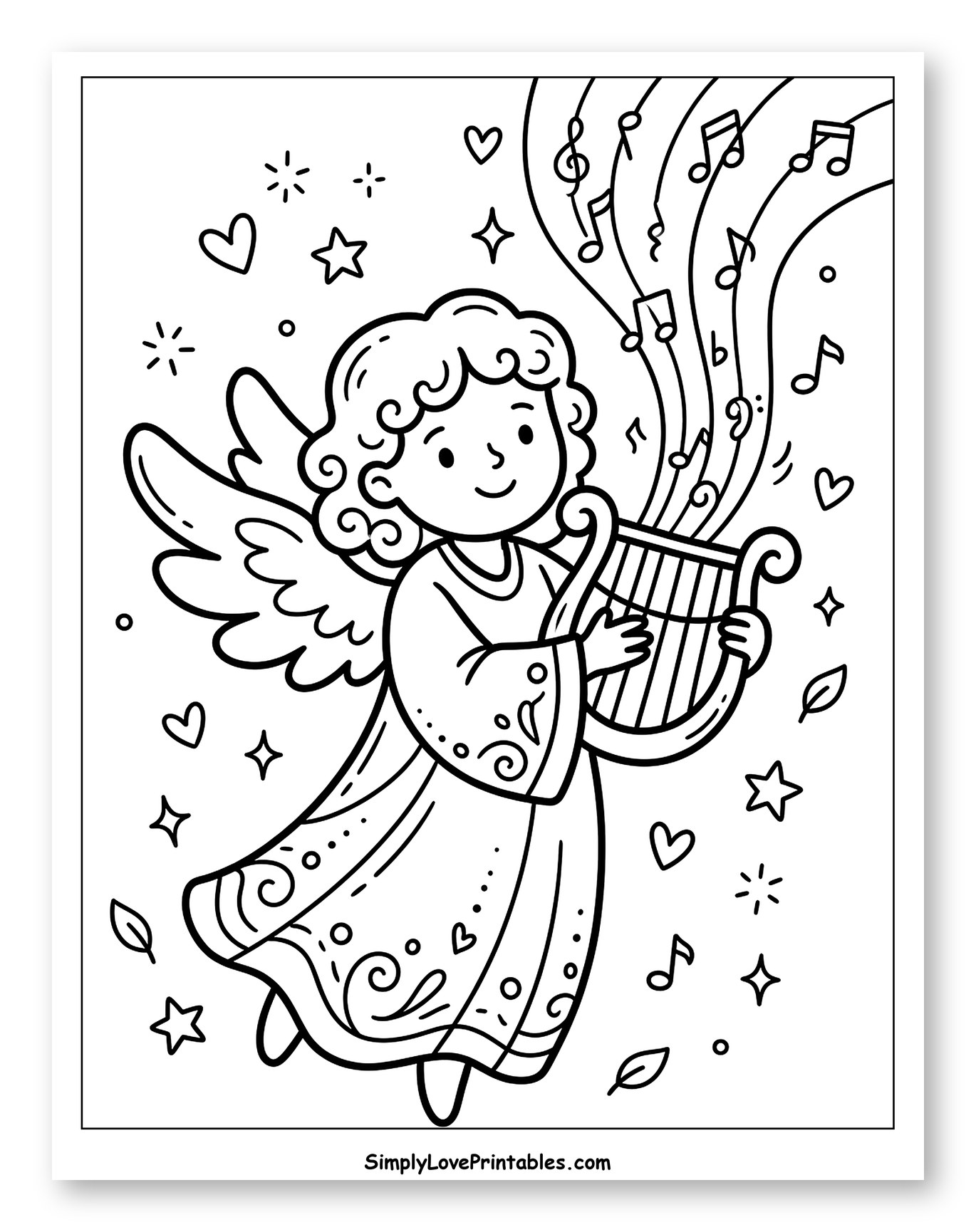 Angel Playing Harp with Music Notes and Stars