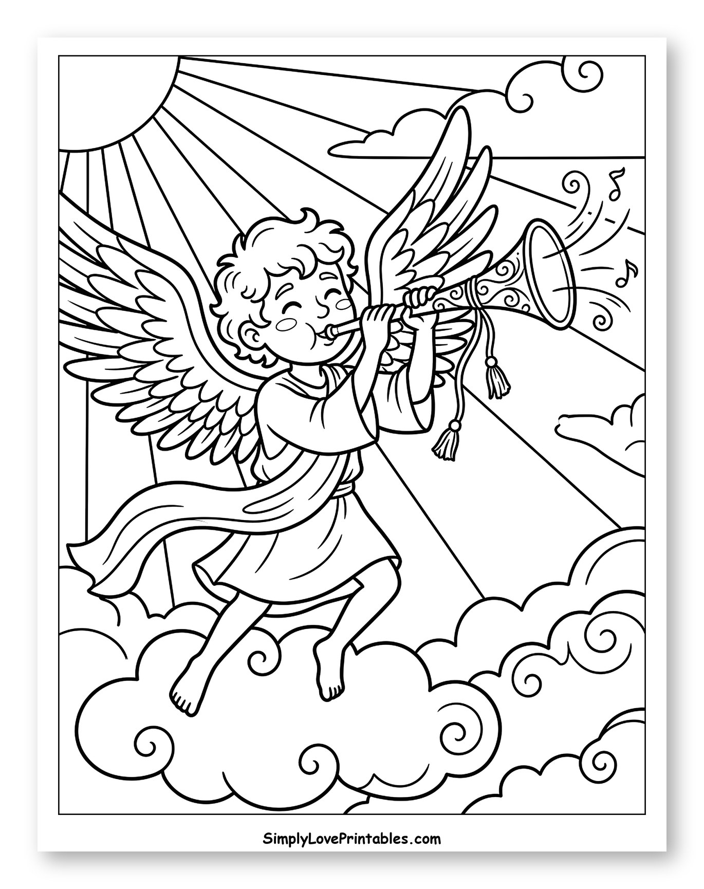Angel Playing Trumpet in the Clouds to Color for Kids