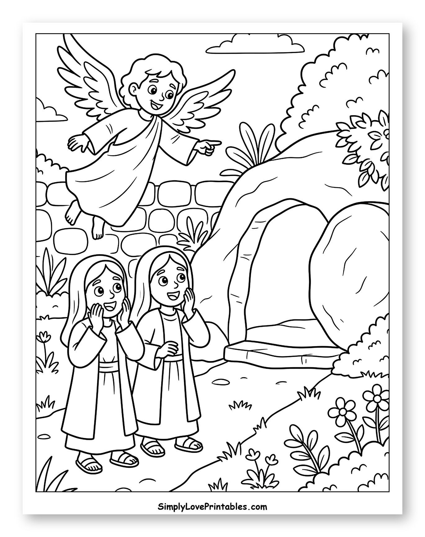 Angel Points to Empty Tomb for Women Coloring Sheet for Kids
