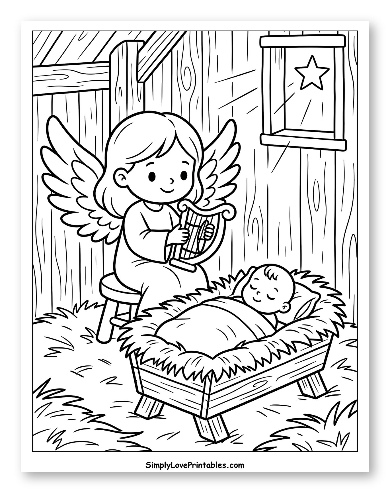 Angel Serenade for Sleeping Baby Jesus Coloring Sheet for Kids