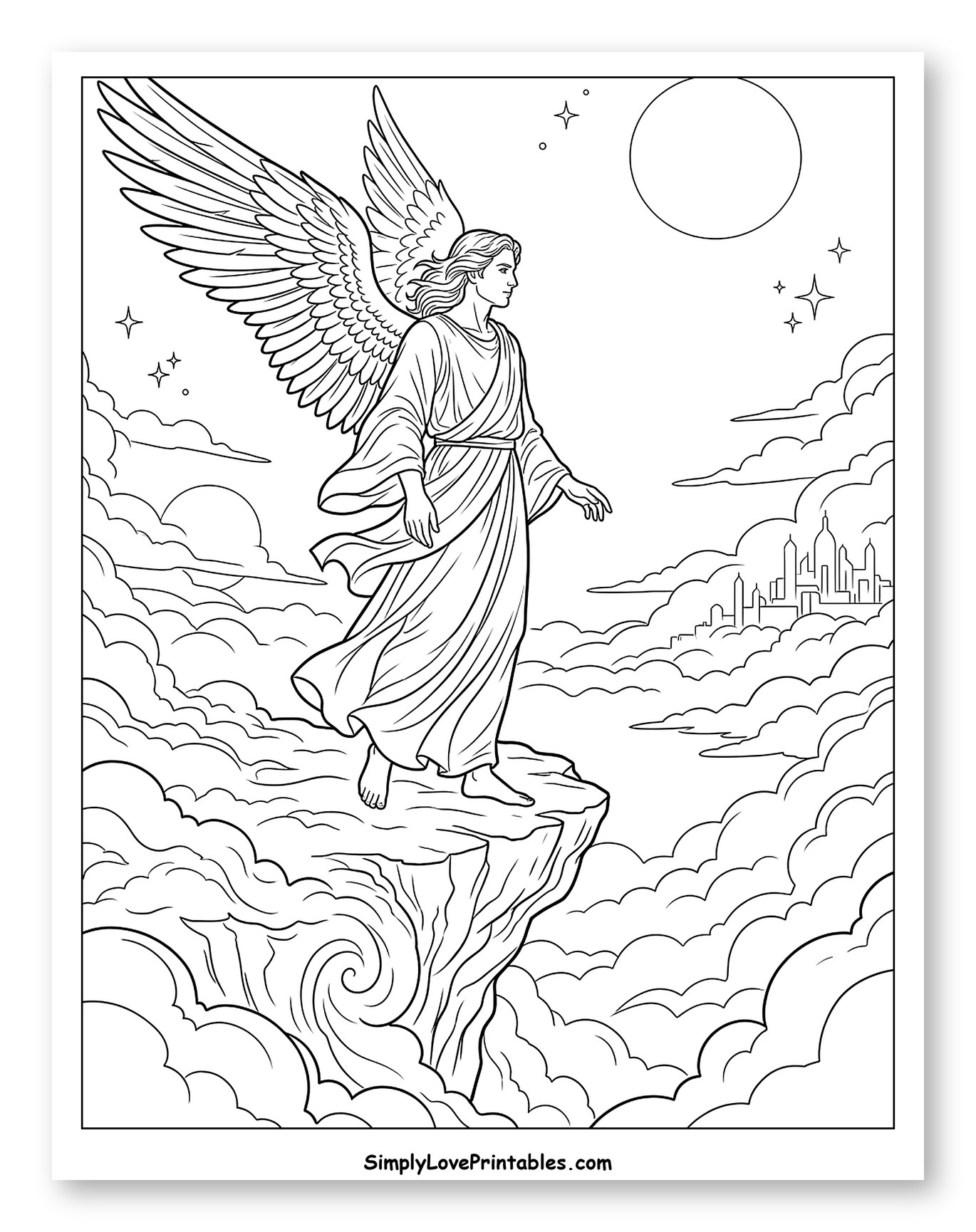 Angel Standing on Cliff with Distant City Coloring Page