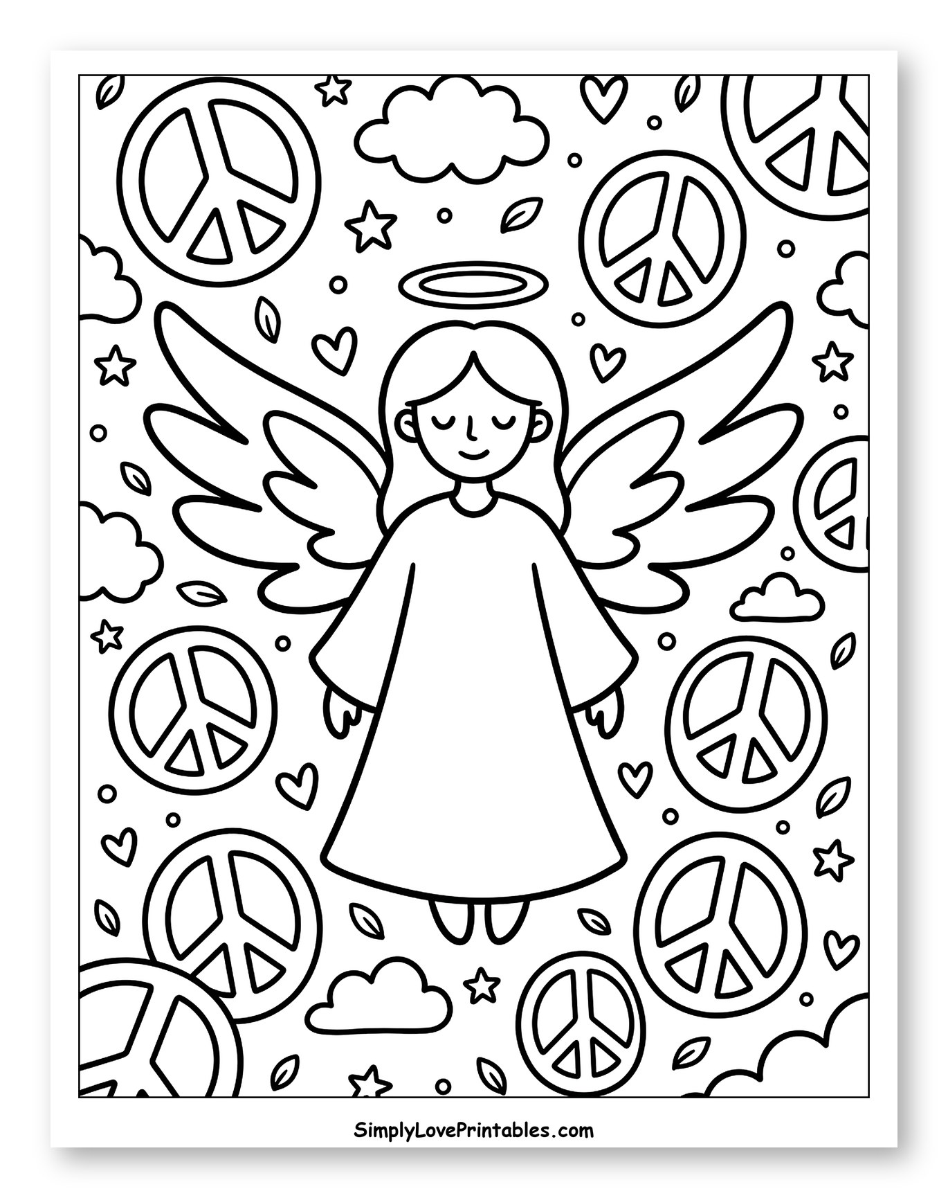 Angel Surrounded by Peace Signs and Hearts Coloring Sheet for Adults