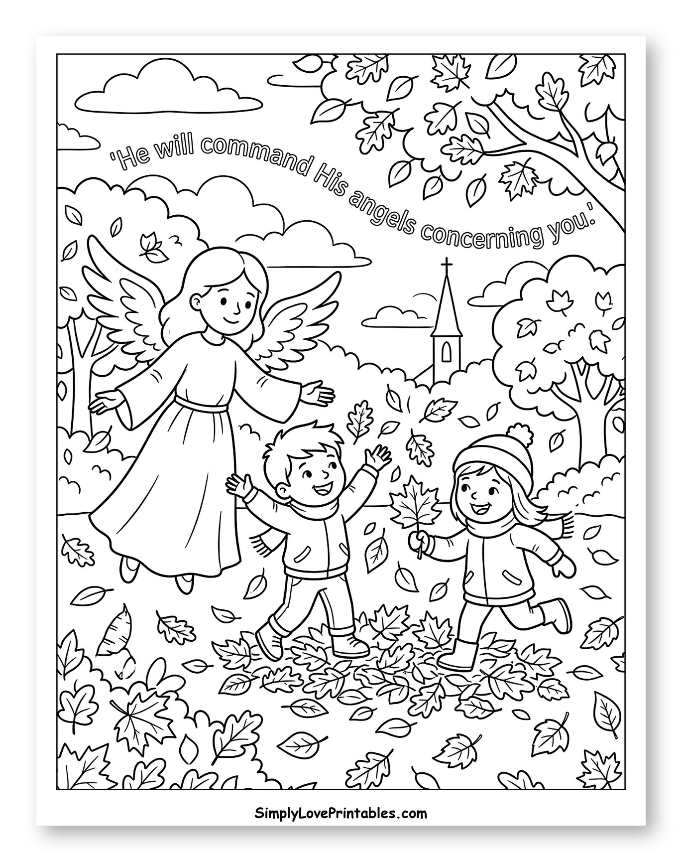 Angel Watching Children Play in Autumn Leaves to Color for Kids