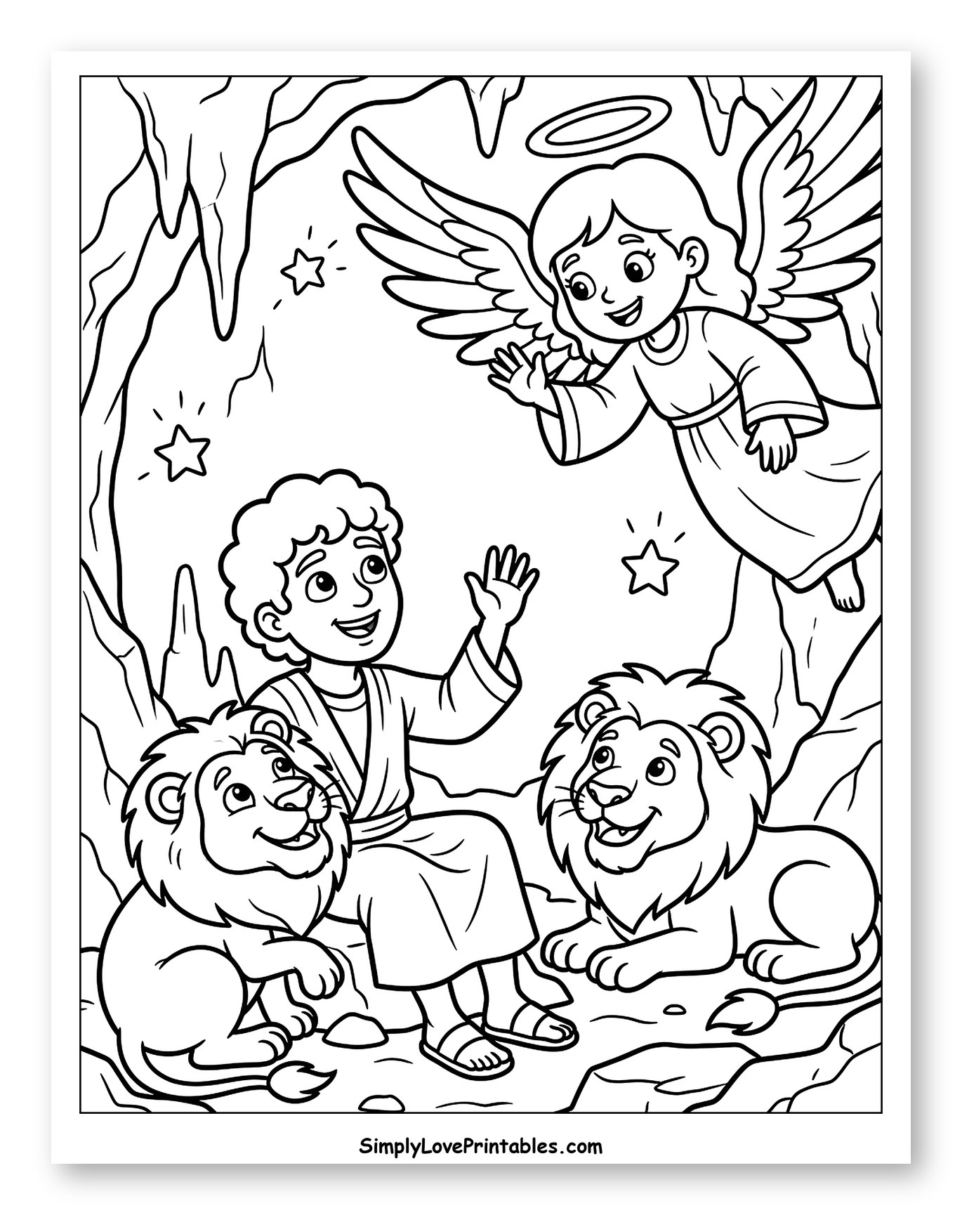 Angel Waving to Daniel and Lions to Color for Kids