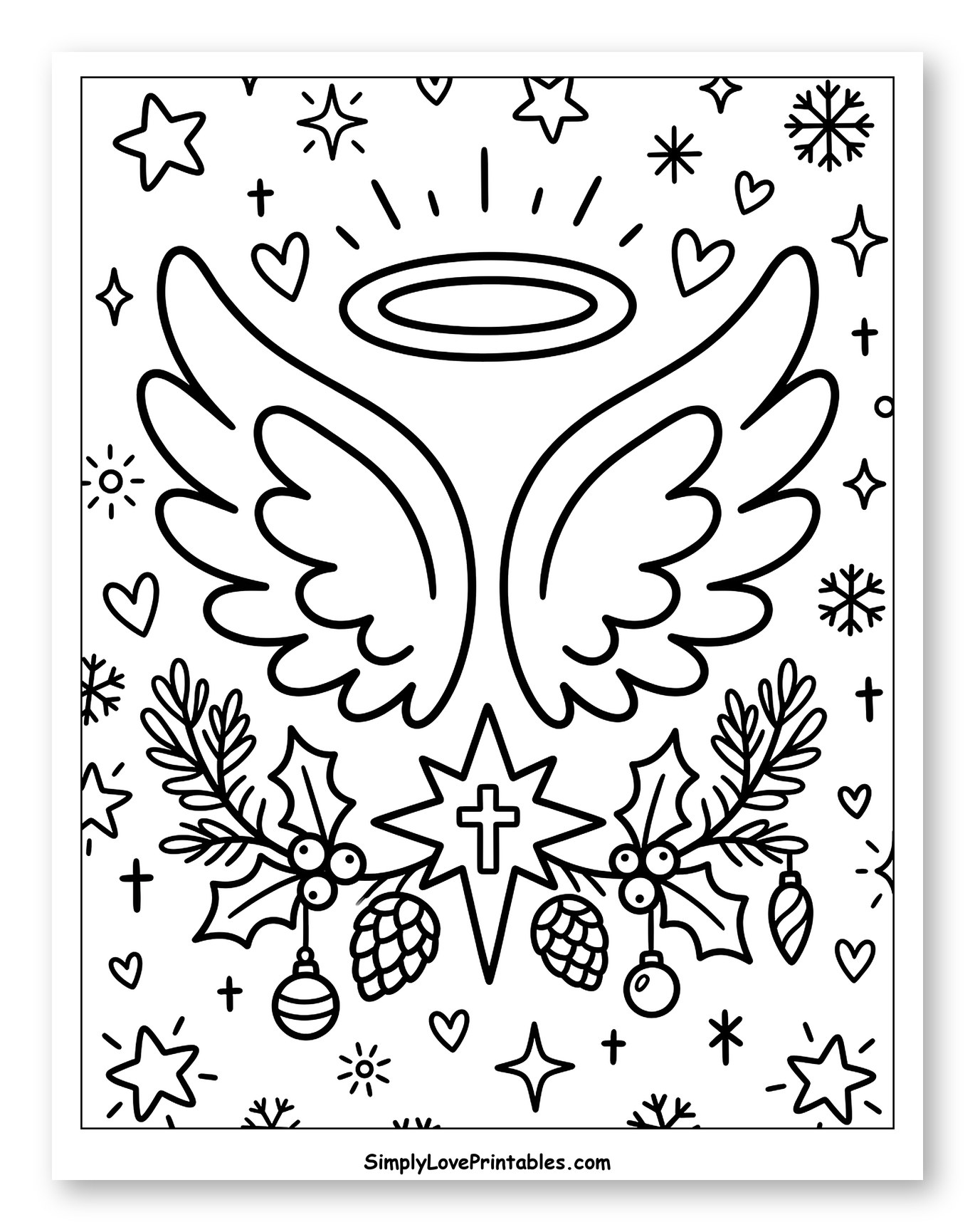 Angel Wings, Halo, and Holly Garland to Color for Adults