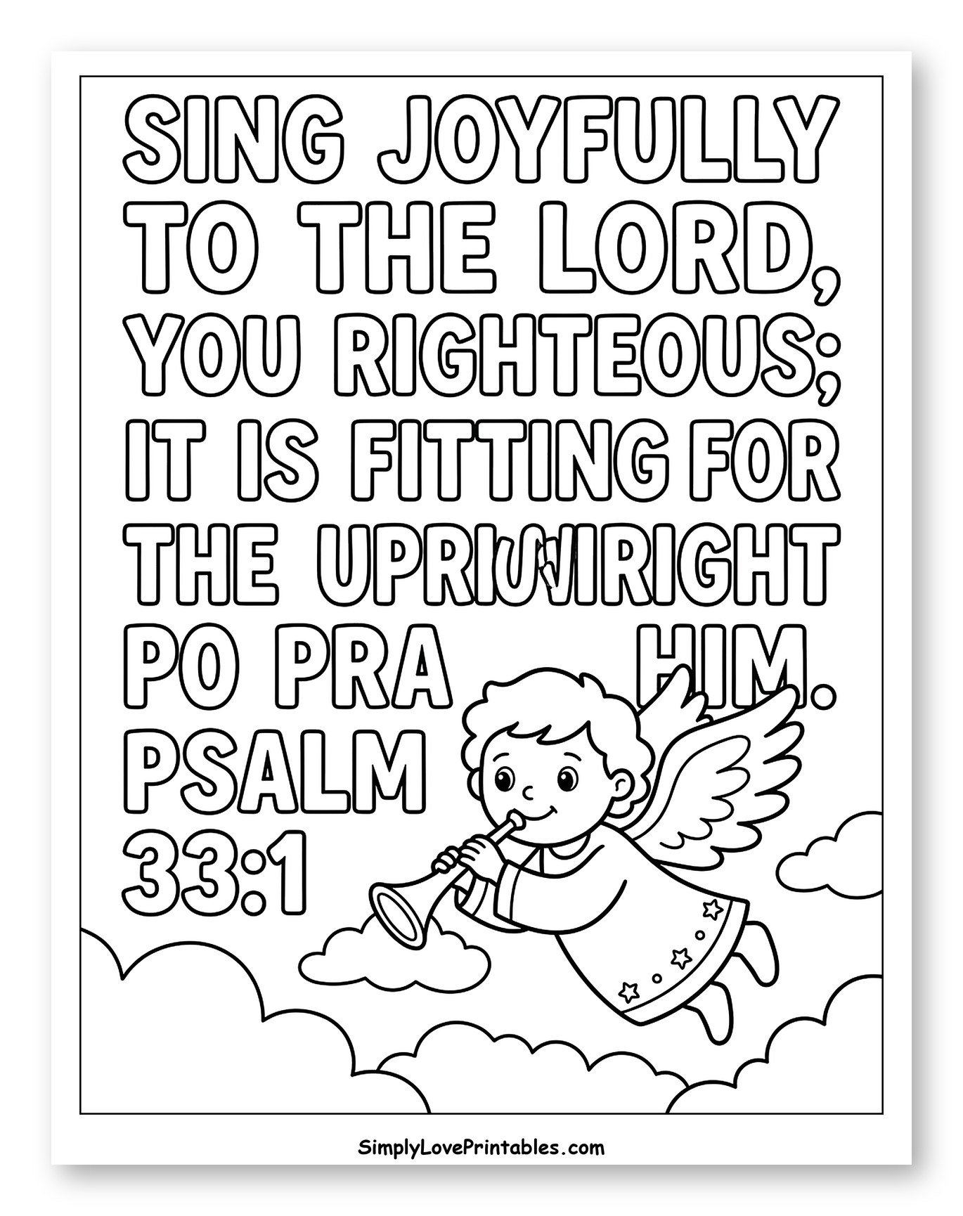 Angel with Trumpet and Psalm 33:1 Bible Verse to Color for Kids