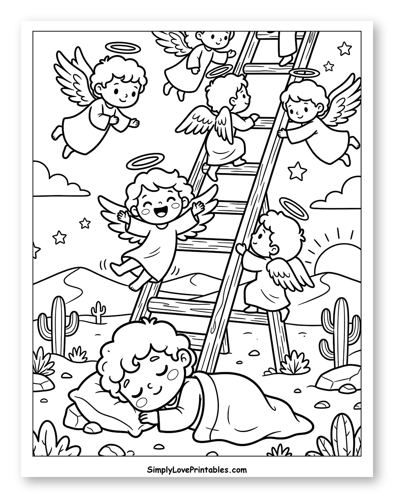 Angels Ascending and Descending Jacob's Ladder to Color for Kids