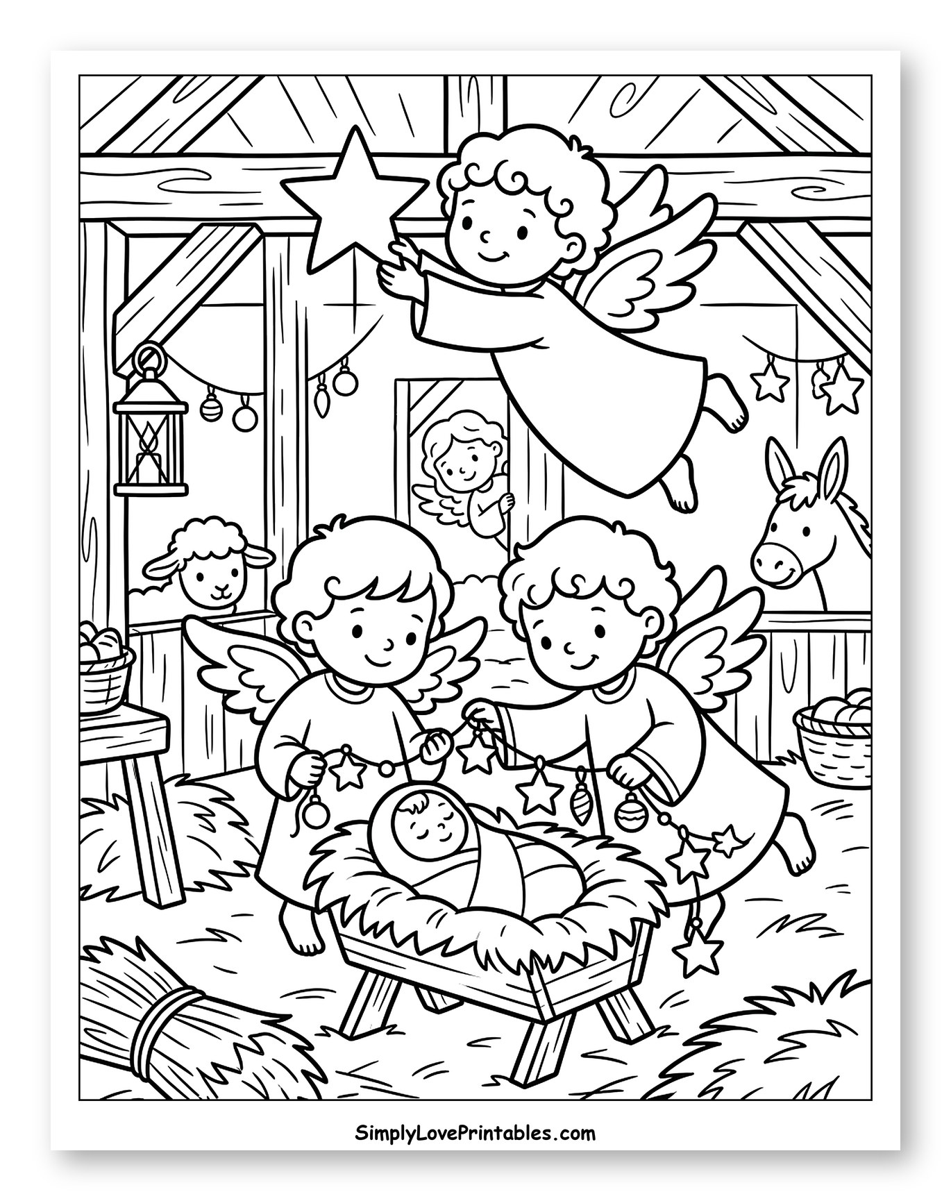 Angels Decorating Nativity Scene with Baby Jesus Coloring Page for Kids