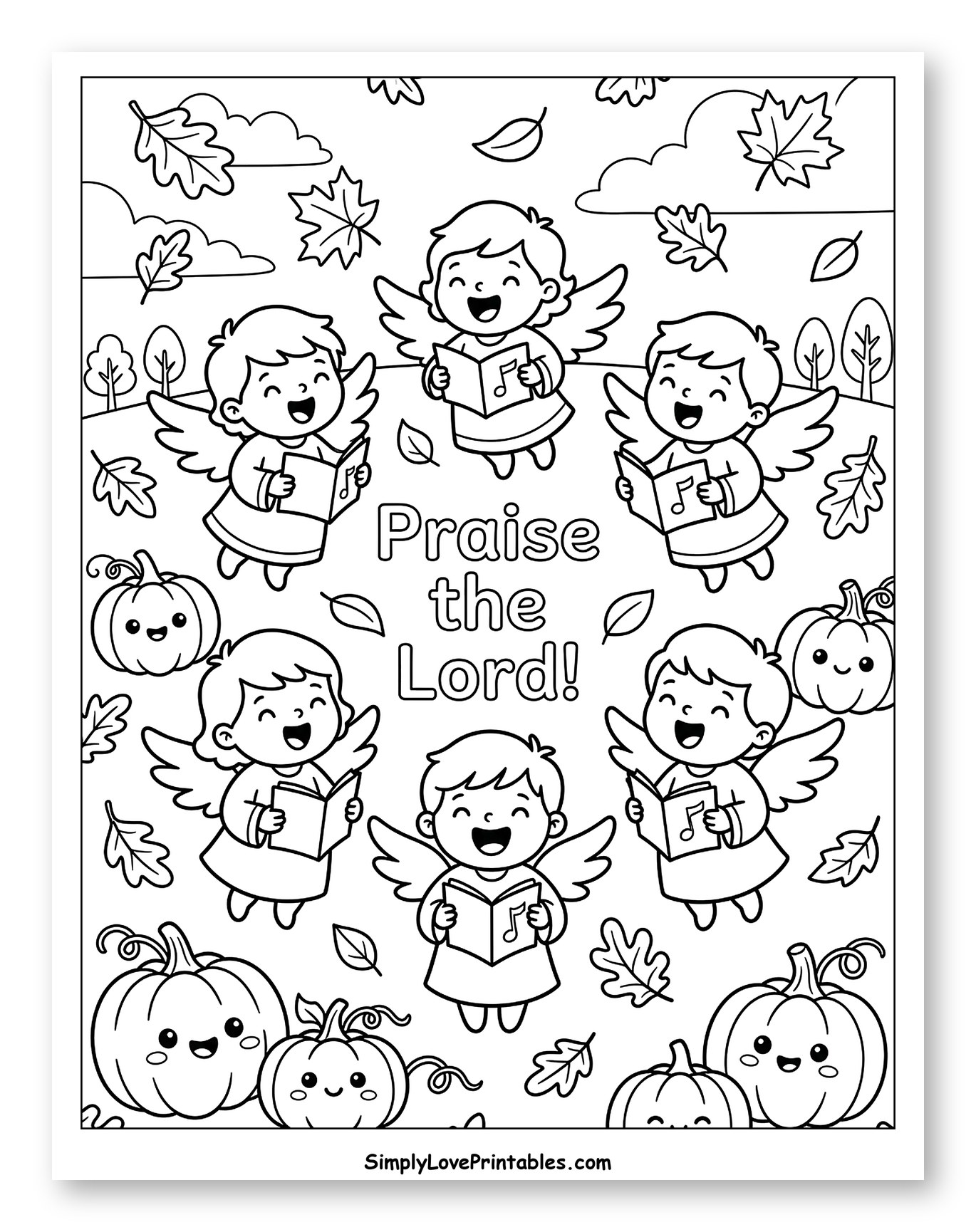 Angels Praising the Lord with Autumn Pumpkins to Color for Kids