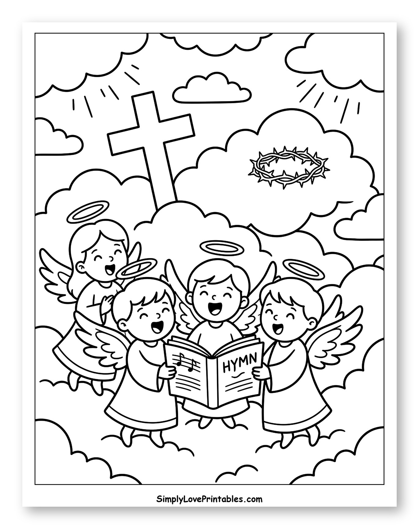 Angels Singing in Clouds with Cross and Crown Coloring Sheet for Kids