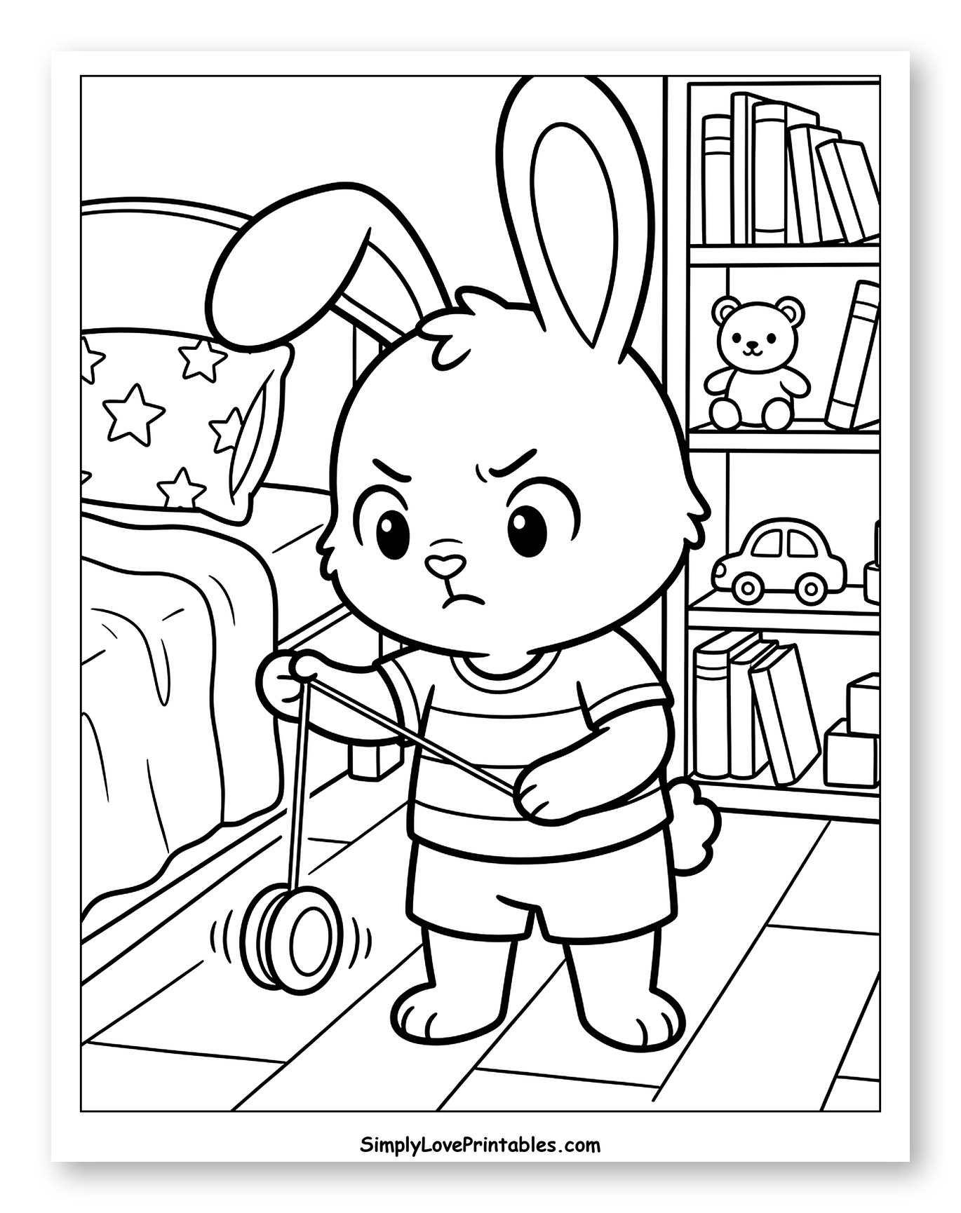 Angry Bunny Playing Yoyo in Bedroom Coloring Page for Kids