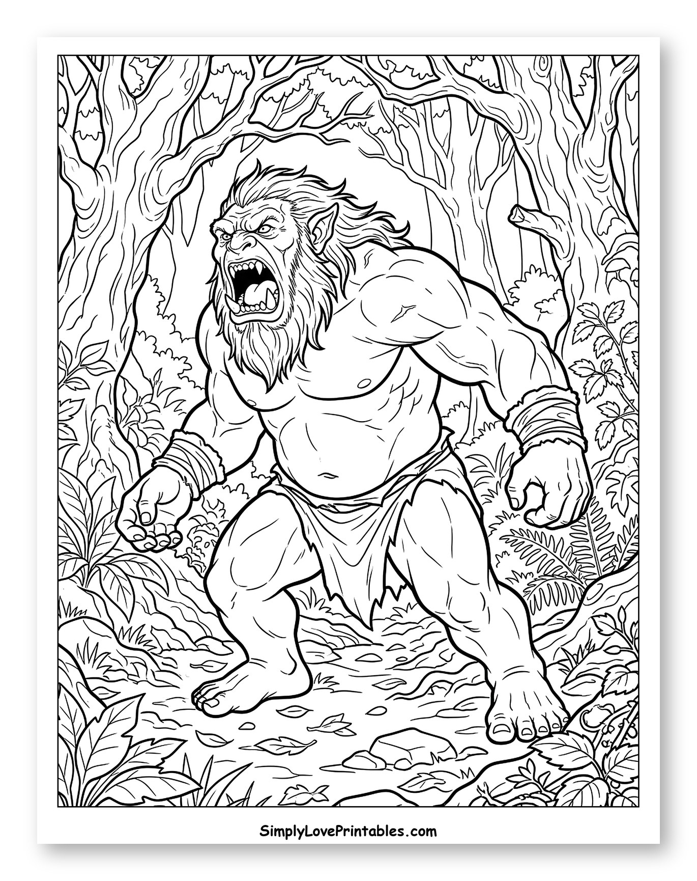 Angry Forest Troll with Sharp Teeth Coloring Sheet
