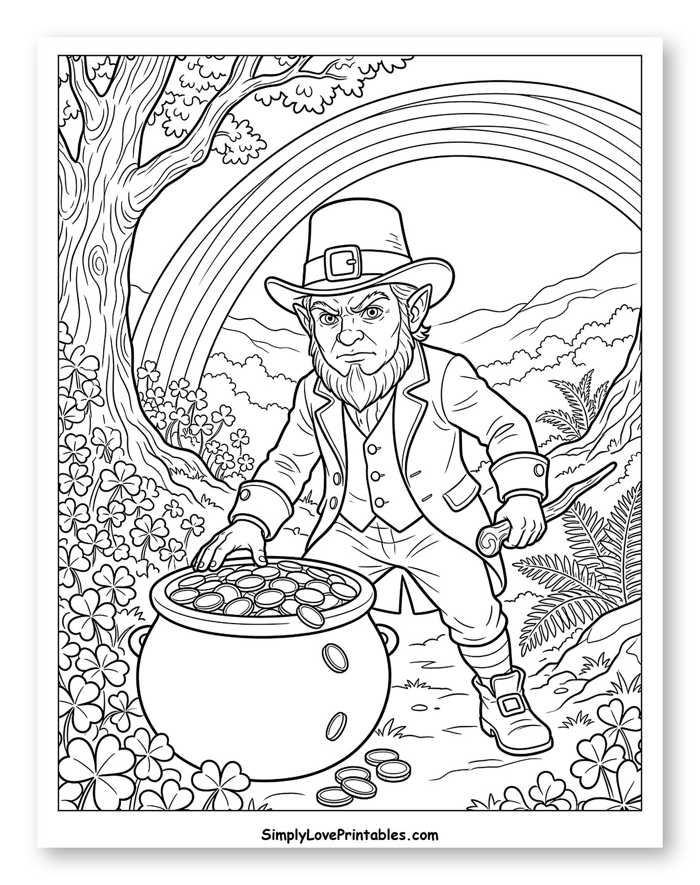 Angry Leprechaun with Pot of Gold and Rainbow