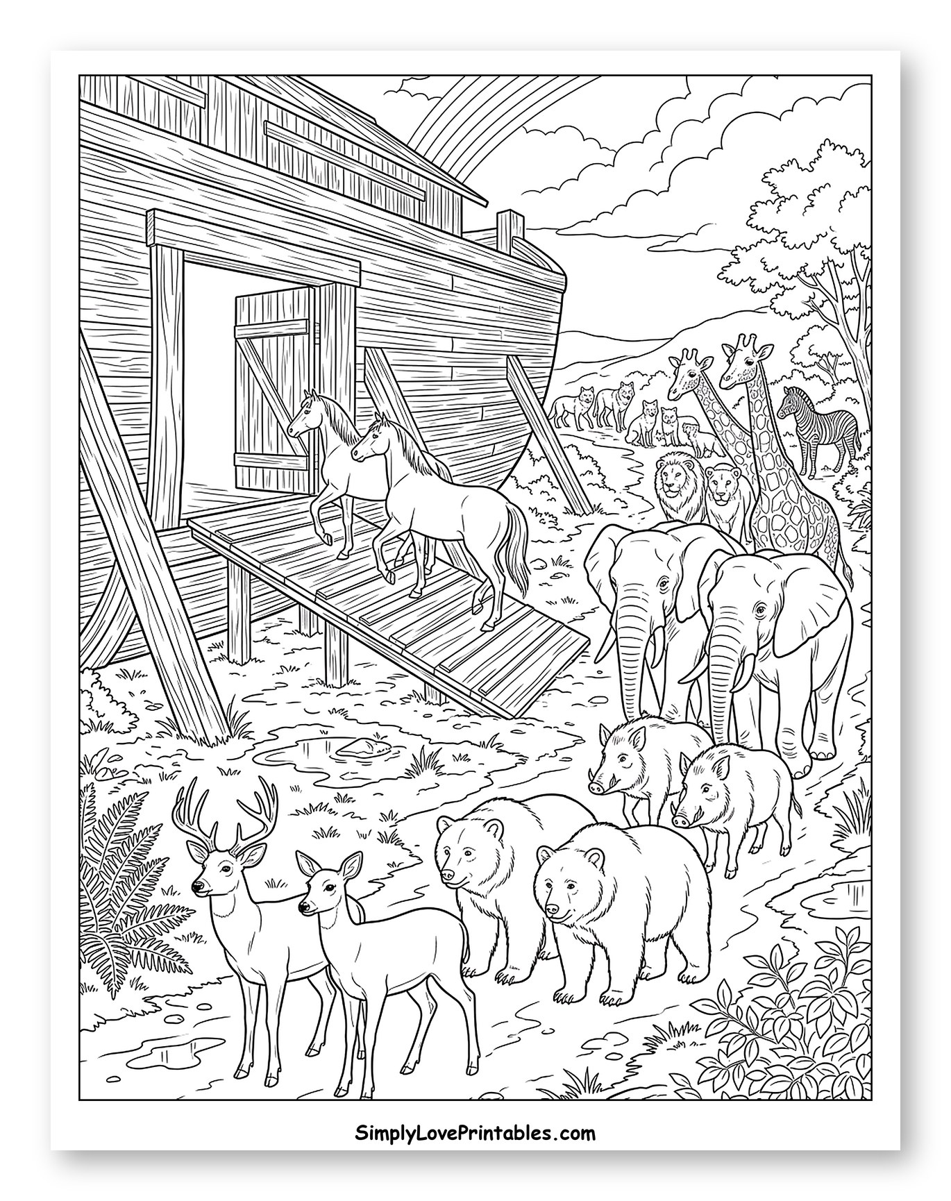 Animals Waiting Patiently at Ark Entrance Coloring Sheet