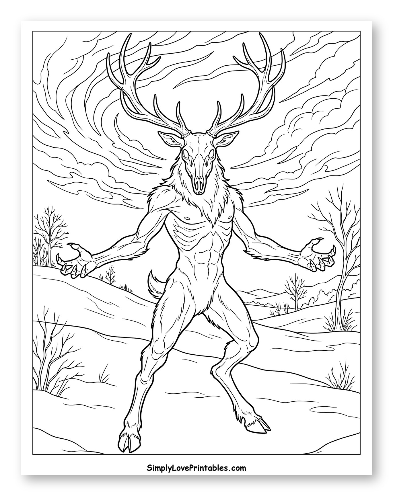 Antlered Wendigo Spirit in Winter Scene Coloring Page