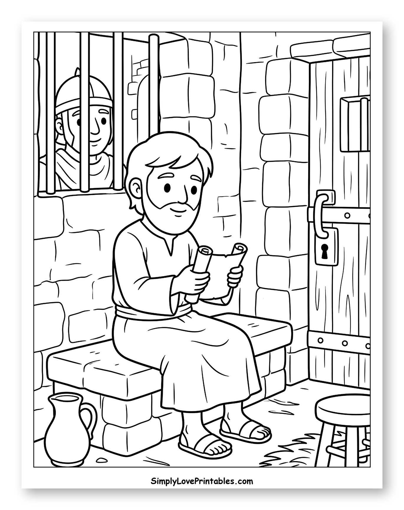 Apostle Paul Reading Scrolls in Prison Coloring Sheet for Kids