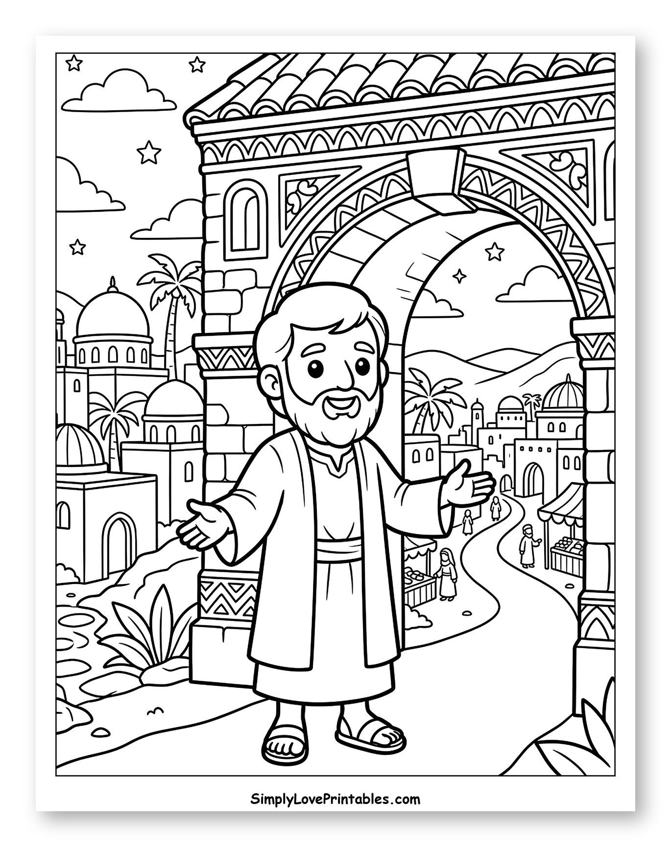 Apostle Welcoming in an Ancient City Archway to Color for Kids